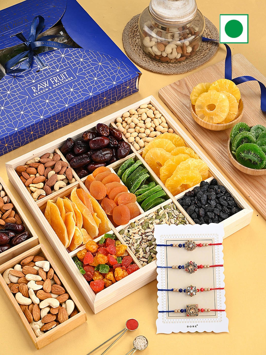 

RawFruit Dry Fruits & 4 Piece Rakhi Wooden Tray Gift Box, Blue