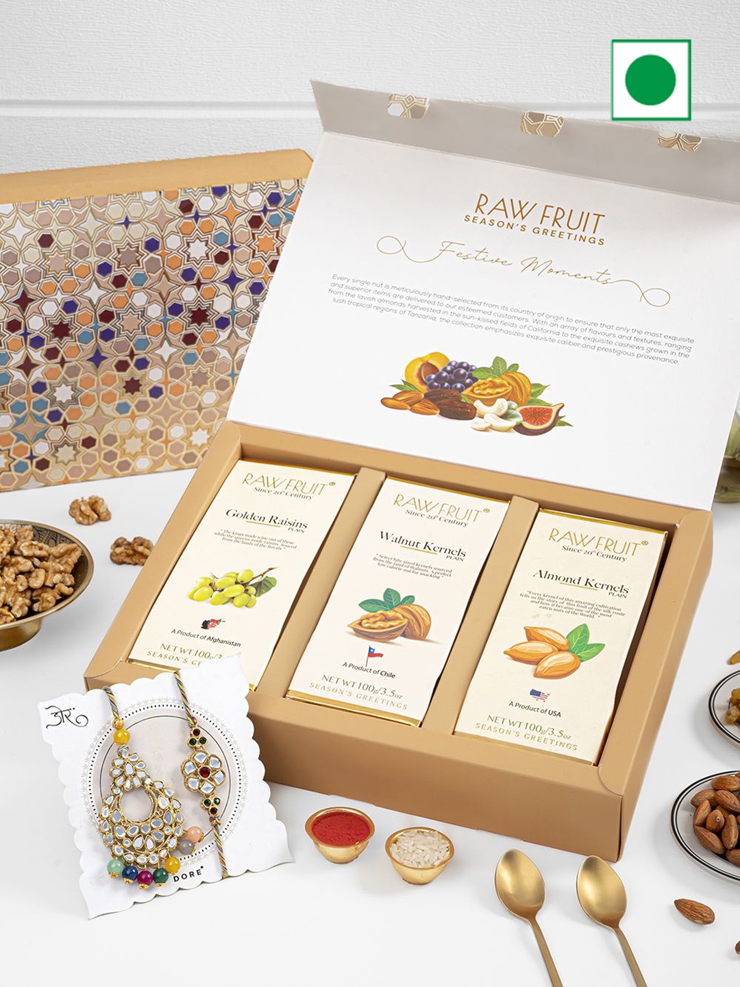 

RawFruit Dry Fruits Gift Box & Bhaiya Bhabhi Rakhi Set, Brown