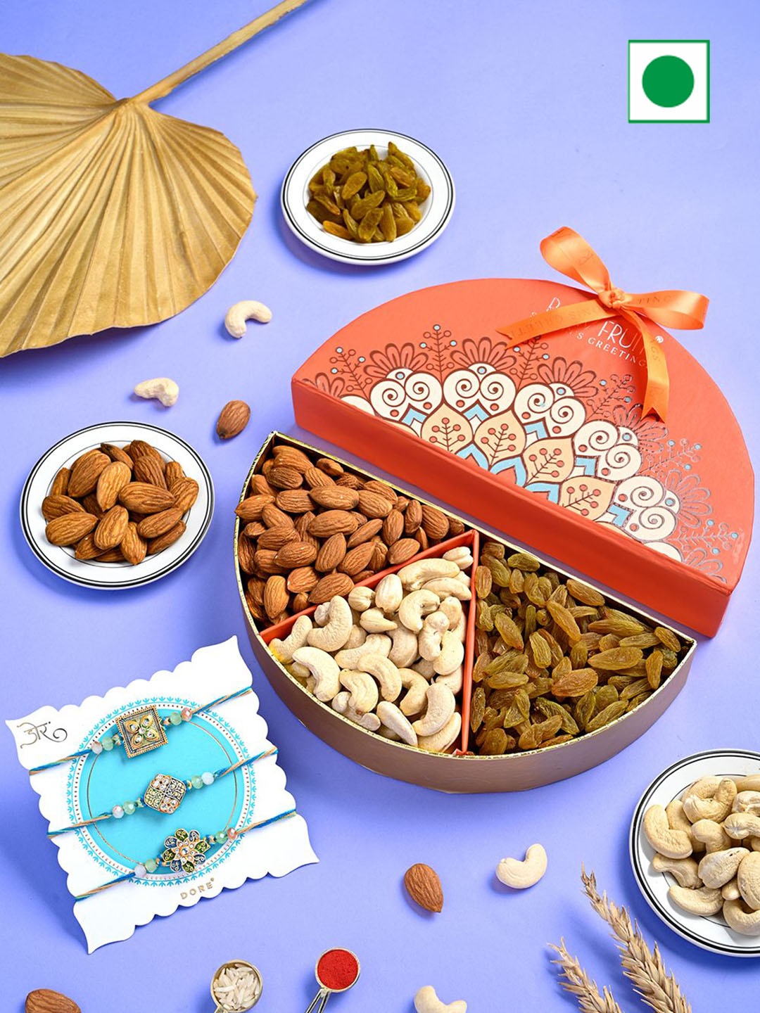 

RawFruit Set of 3 Rakhi & Dry Fruits Gift Set, Orange