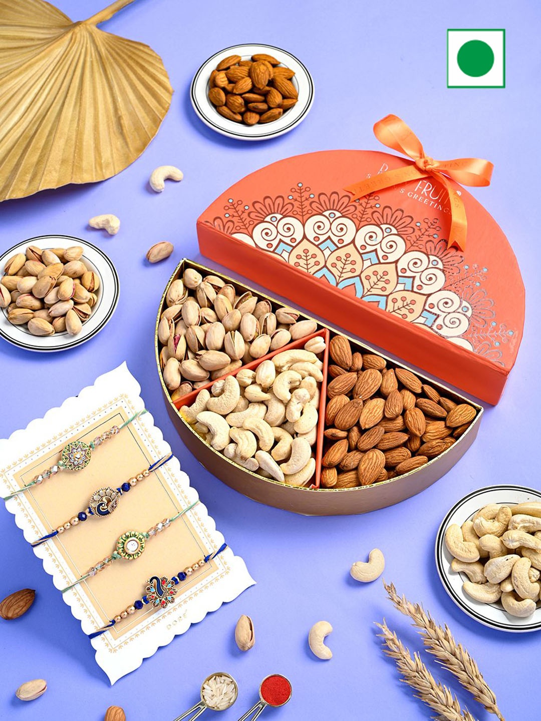 

RawFruit Set of 4 Rakhi & DryFruits Gift Set, Orange