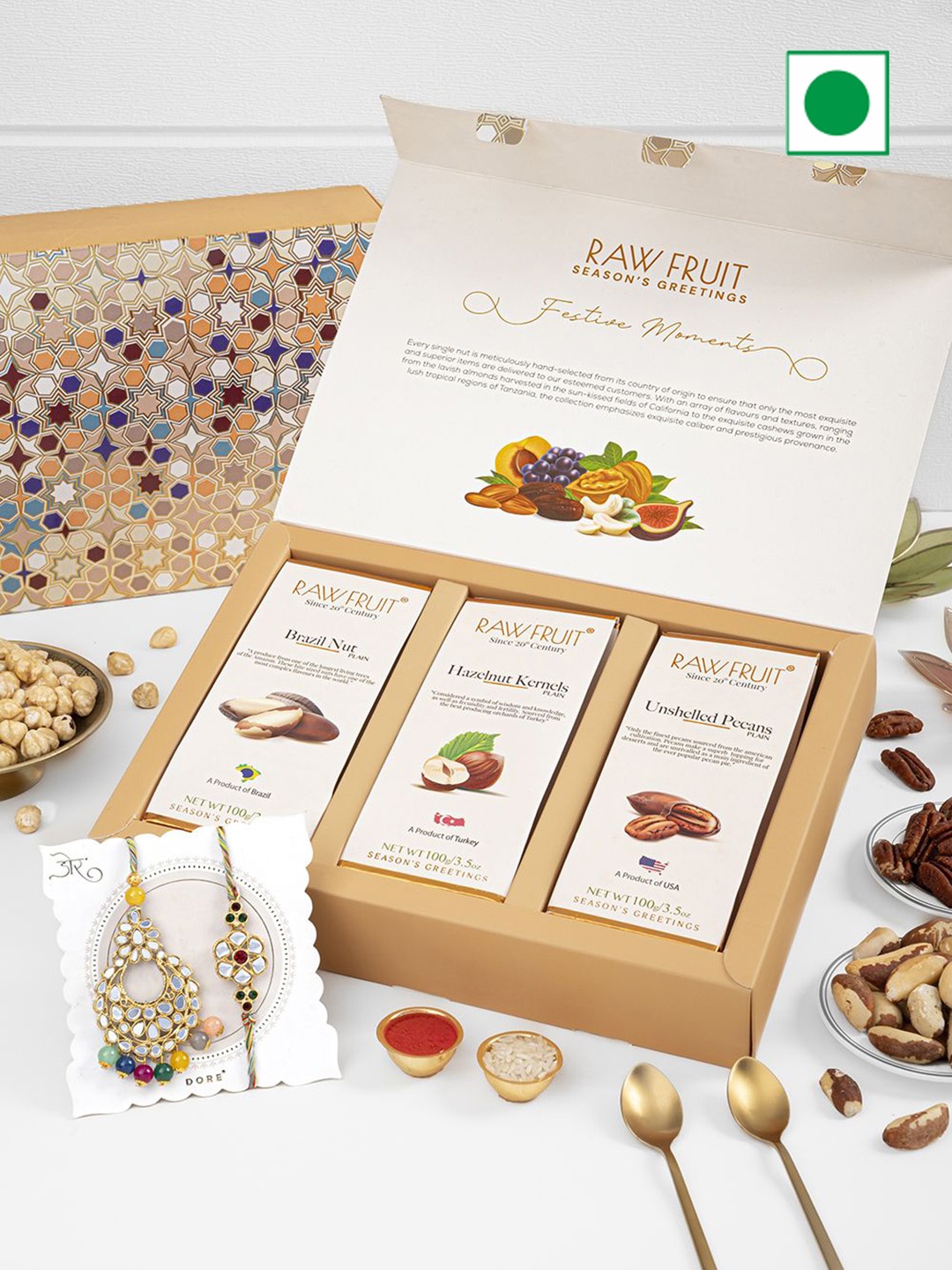 

RawFruit Dry Fruits & Bhaiya Bhabhi Rakhi Combo, Cream
