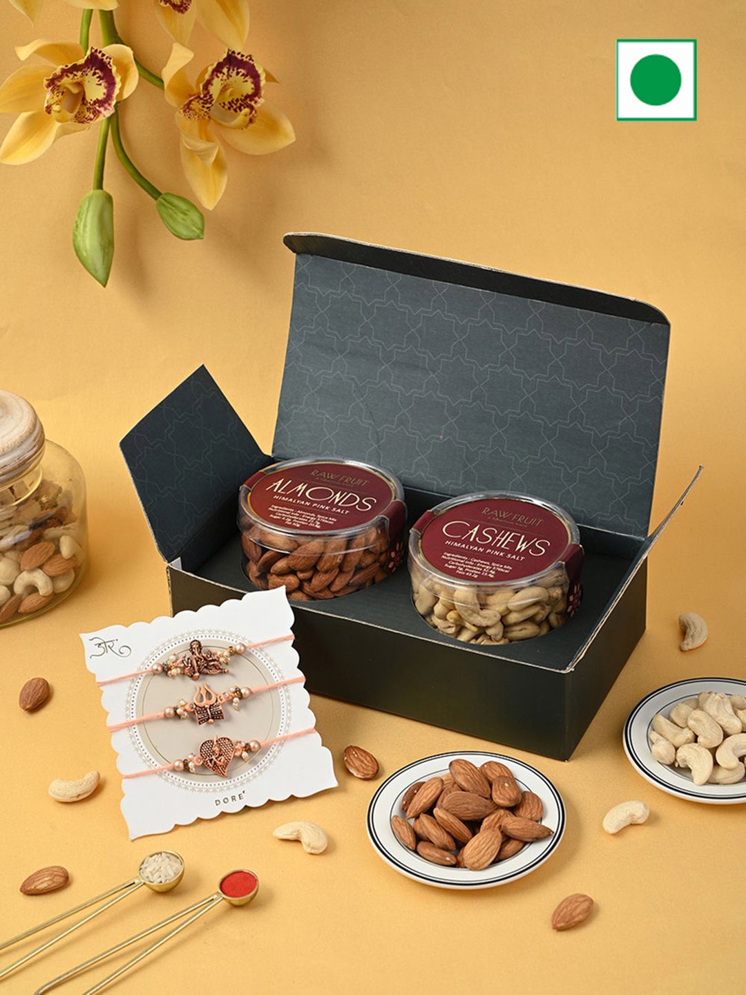 

RawFruit Set of 3 Rakhi & Dry Fruits Hamper, Green