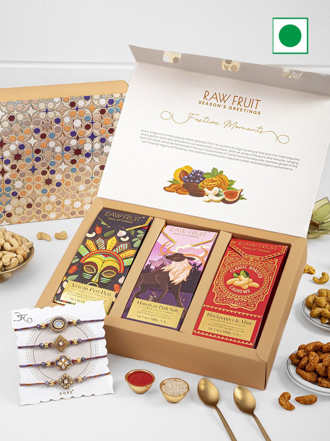 

RawFruit Dry Fruits Gift Box & 4 Piece Rakhi Set, Red