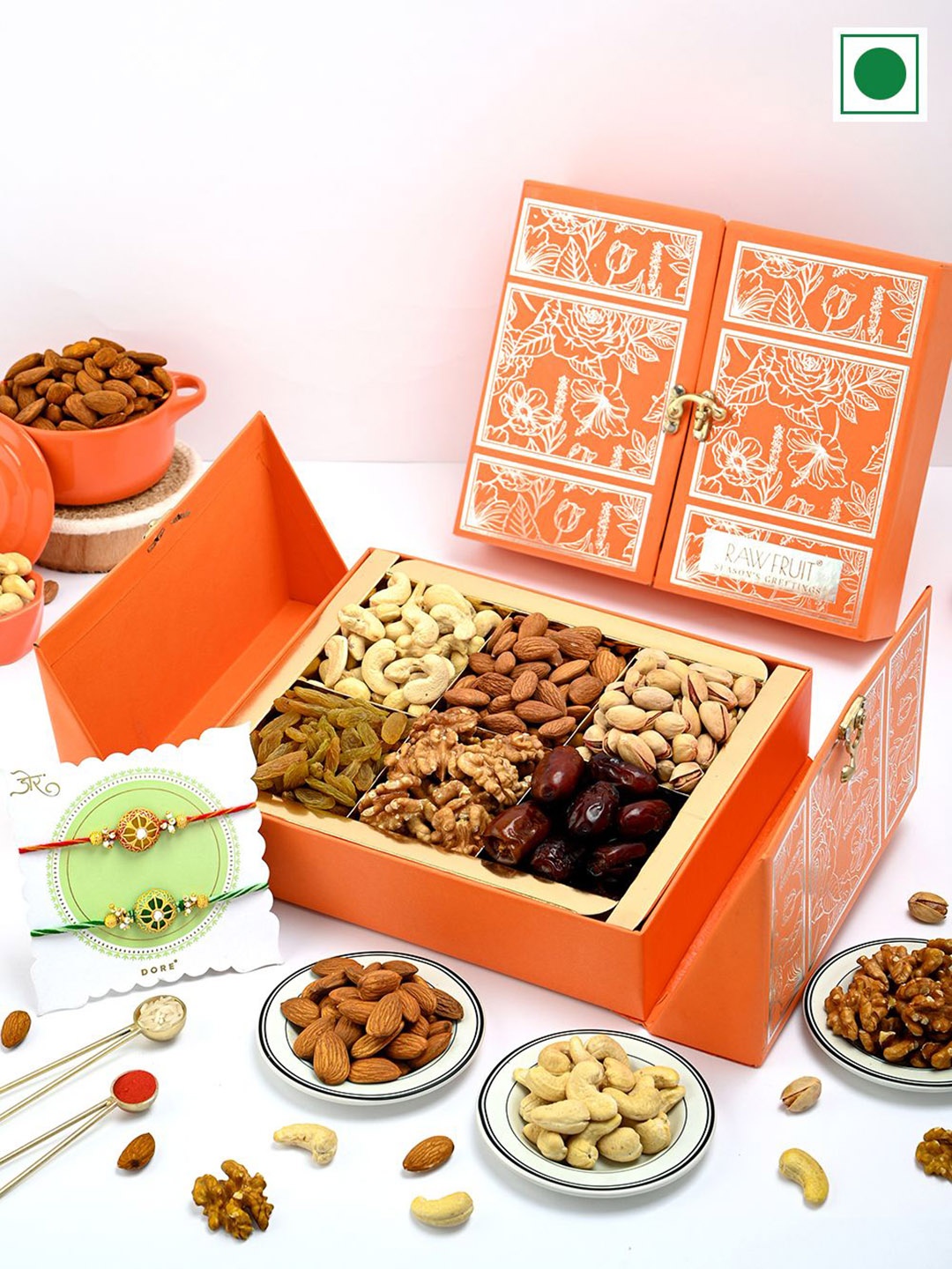 

RawFruit Set of 2 Rakhi & Dry Fruits Rakshabandhan Gift Pack, Orange