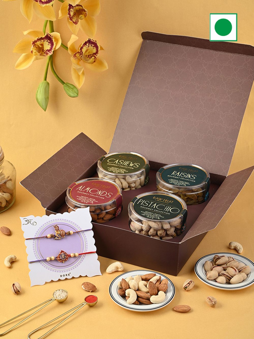 

RawFruit Set of 2 Rakhi & Dry Fruits Rakshabandhan Gift Box, Brown