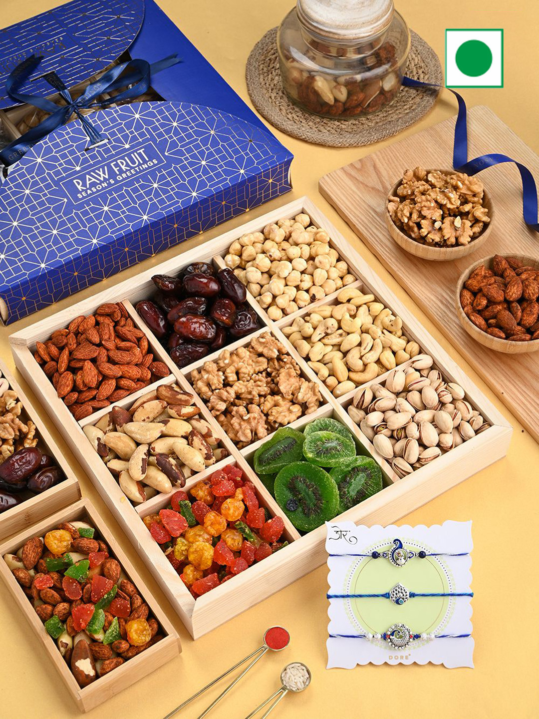 

RawFruit Premium Dry Fruits & 3 Piece Rakhi Set, Blue