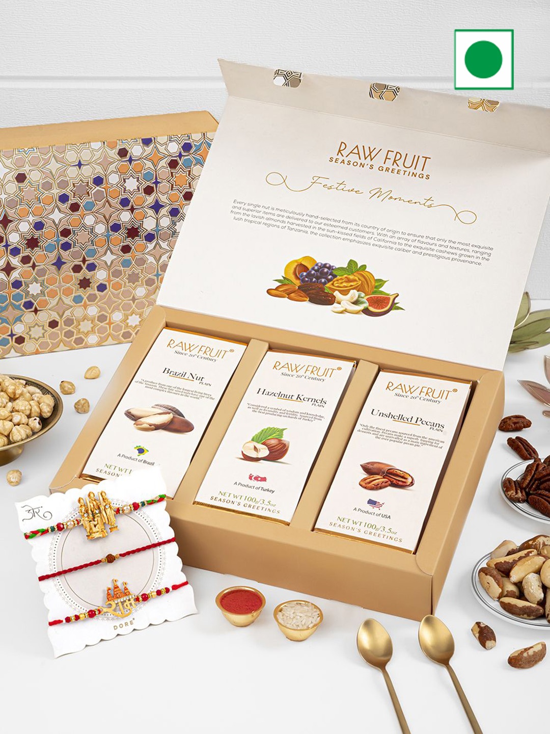 

RawFruit Dry Fruits & 3 Piece Rakhi Combo Set, Cream