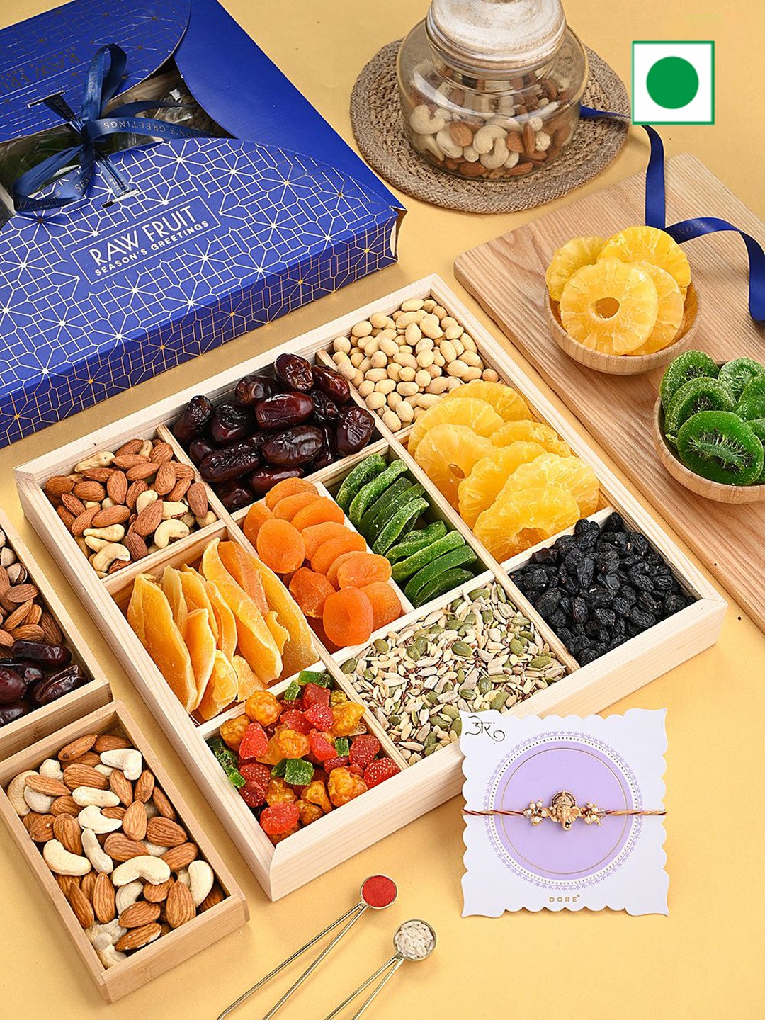 

RawFruit Dry Fruits & 1 Piece Rakhi Wooden Tray Gift Box, Red