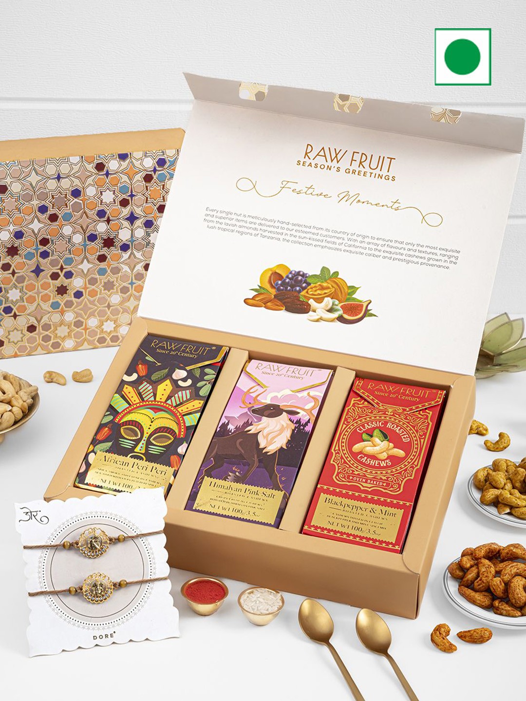 

RawFruit Dry Fruits Gift Box & 2 Piece Rakhi Set, Red