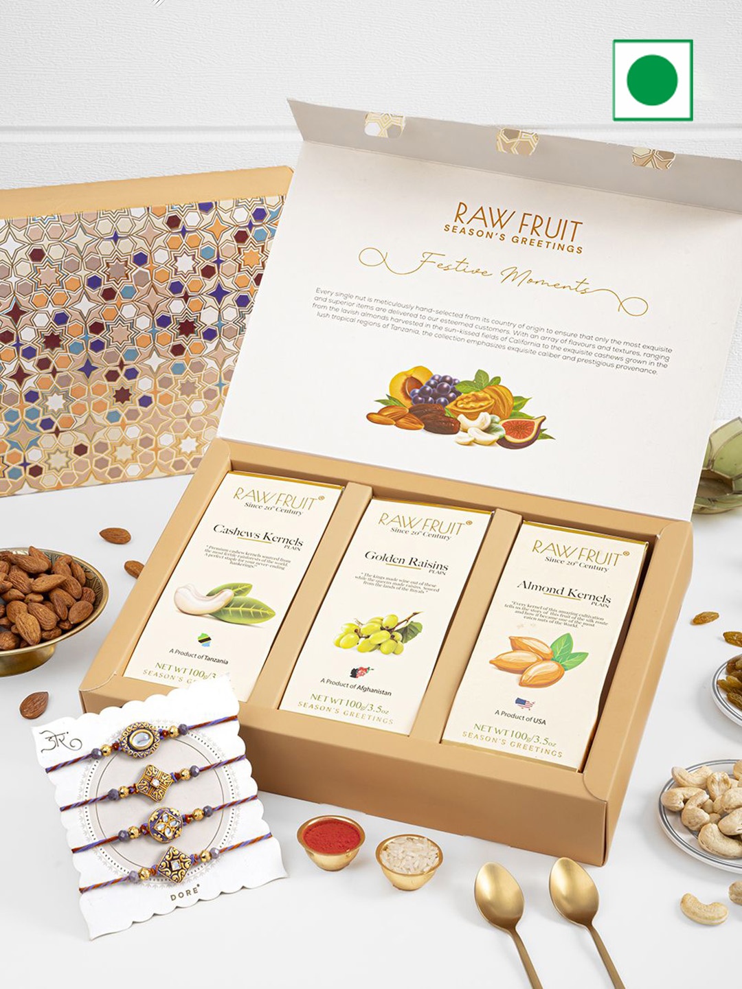 

RawFruit Dry Fruits Combo Pack & 4 Piece Rakhi Set, Brown