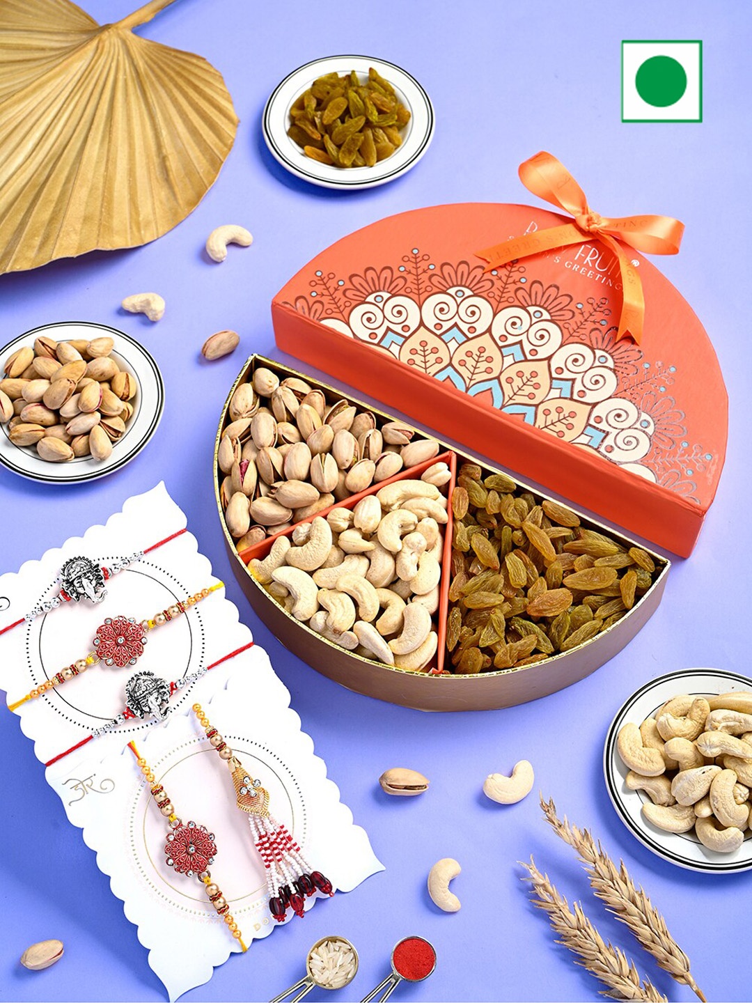 

RawFruit Rakshabandhan Special Set of 5 Rakhi & Dry Fruits Gift Set, Orange