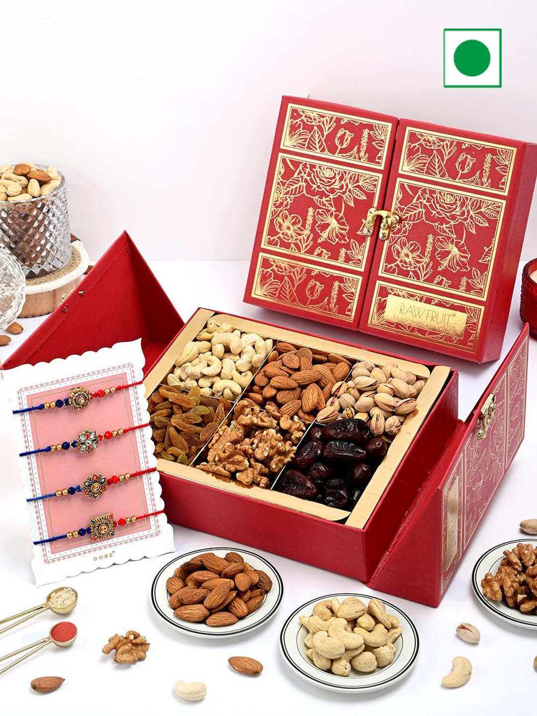 

RawFruit Set of 4 Rakhi & Dry Fruits Combo, Red