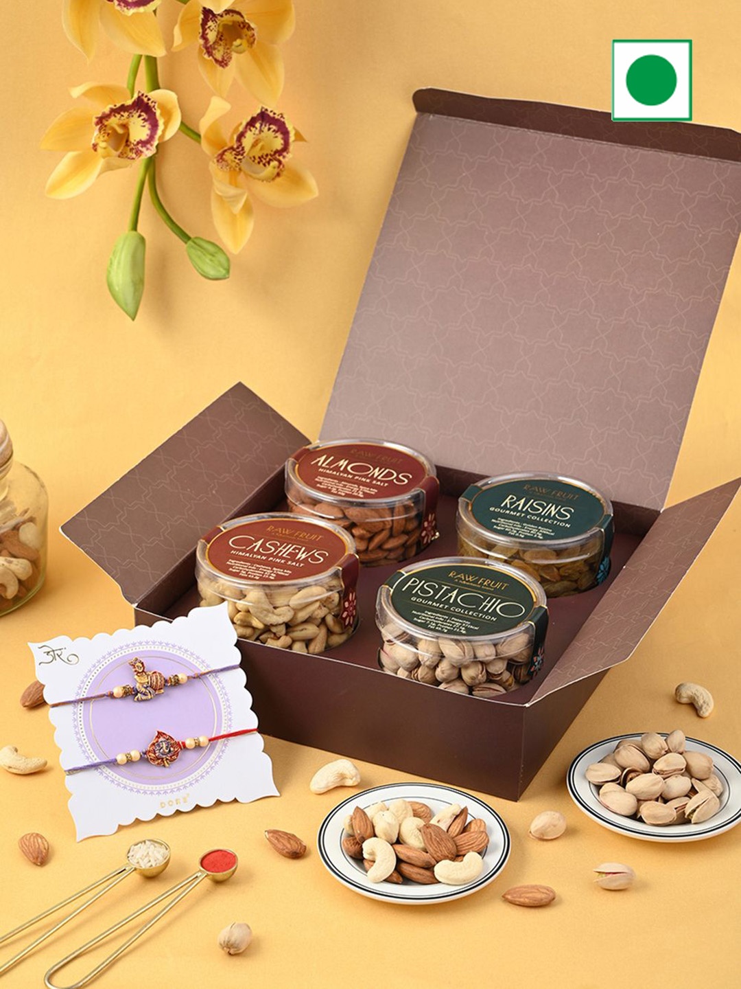 

RawFruit Set of 2 Rakhi & Dry Fruits Gift Pack, Brown