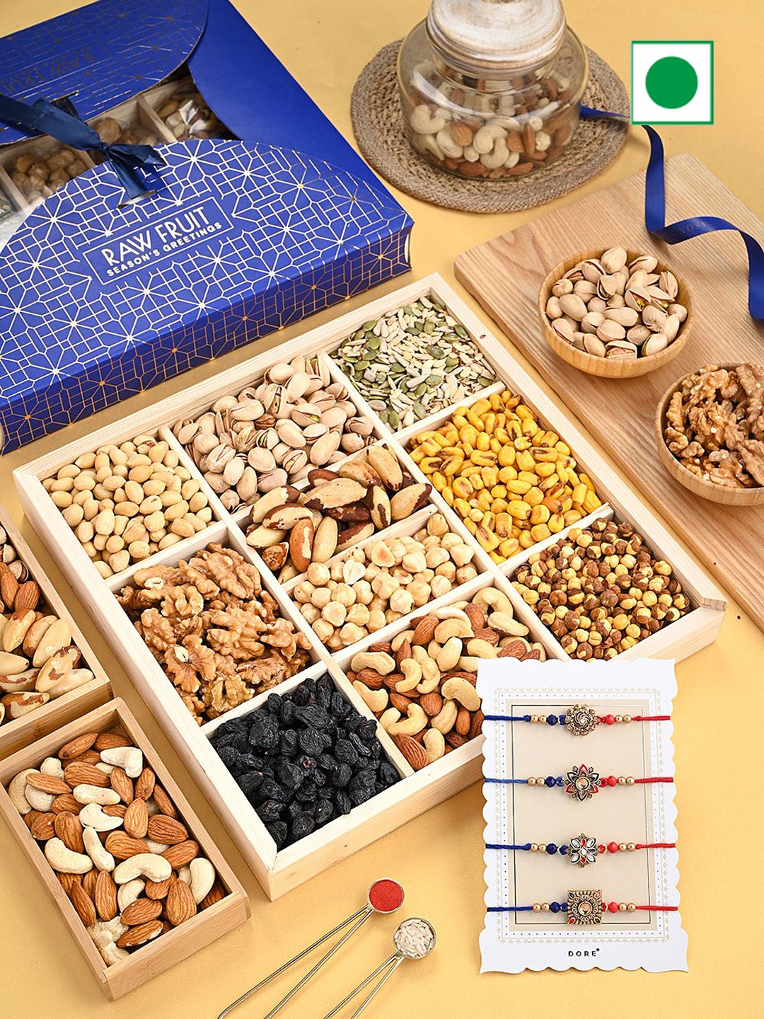 

RawFruit Dry Fruits Combo & 4 Piece Rakhi Set, Blue