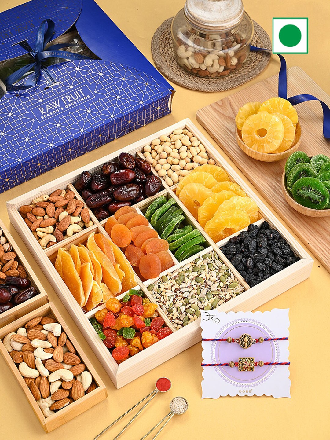 

RawFruit Dry Fruits & 2 Piece Rakhi Wooden Tray Gift Box, Blue