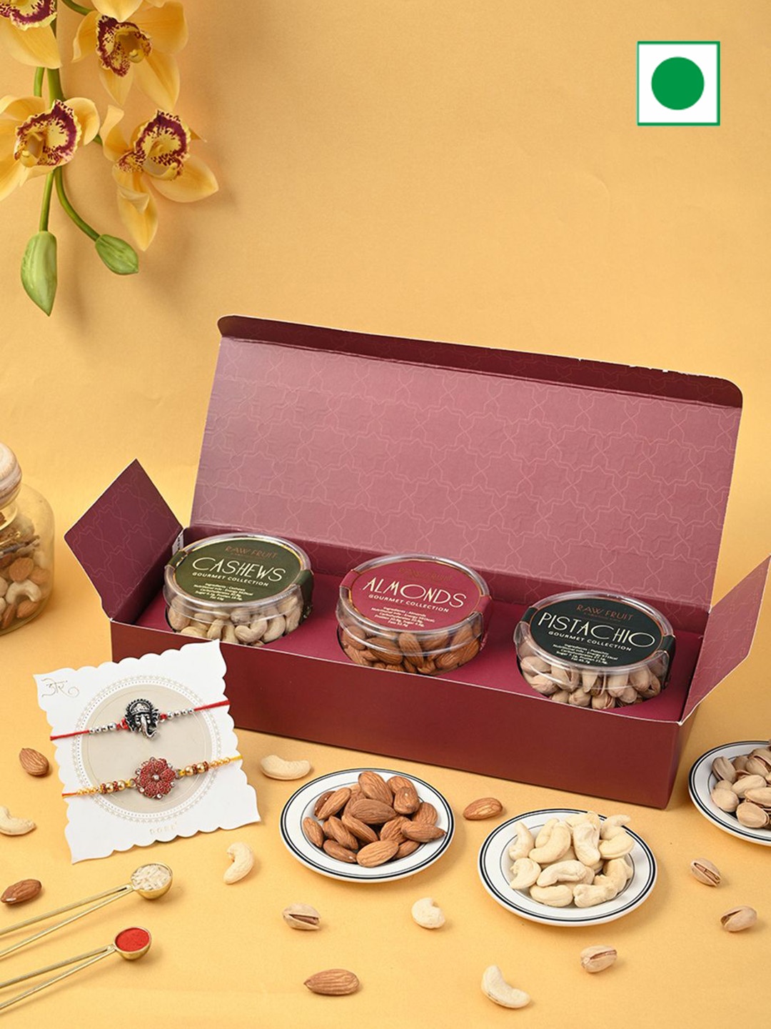 

RawFruit Set of 2 Rakhi & Dry Fruits Gift Box, Maroon