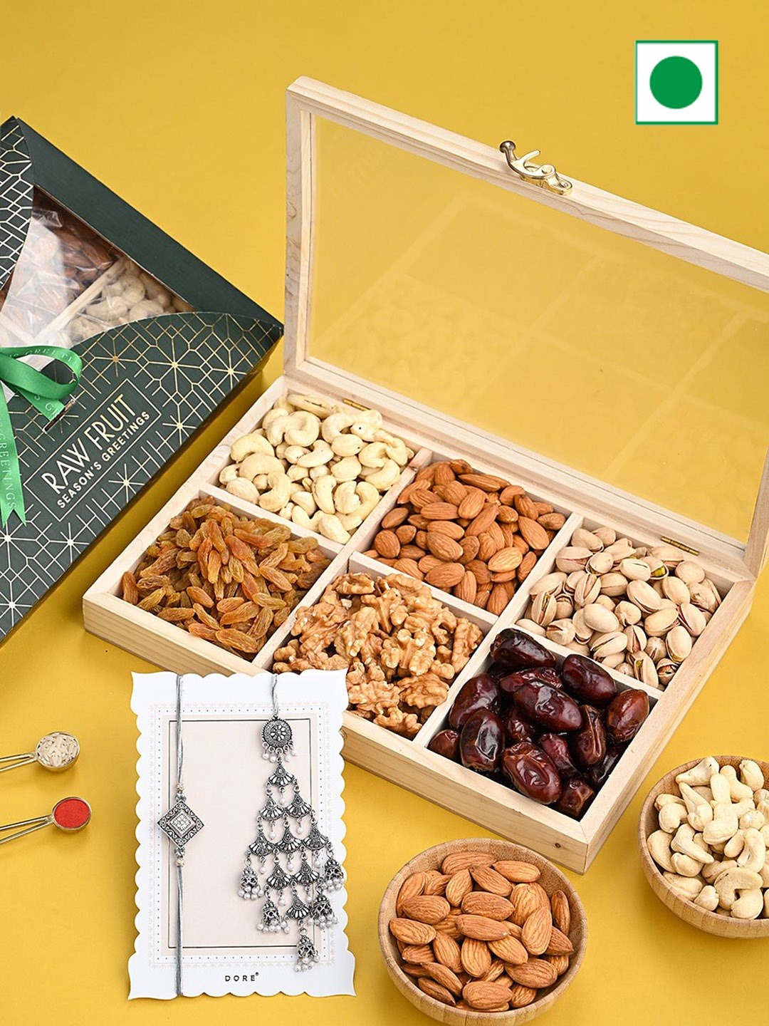 

RawFruit Dry Fruits & Bhaiya Bhabhi Rakhi Set, Green