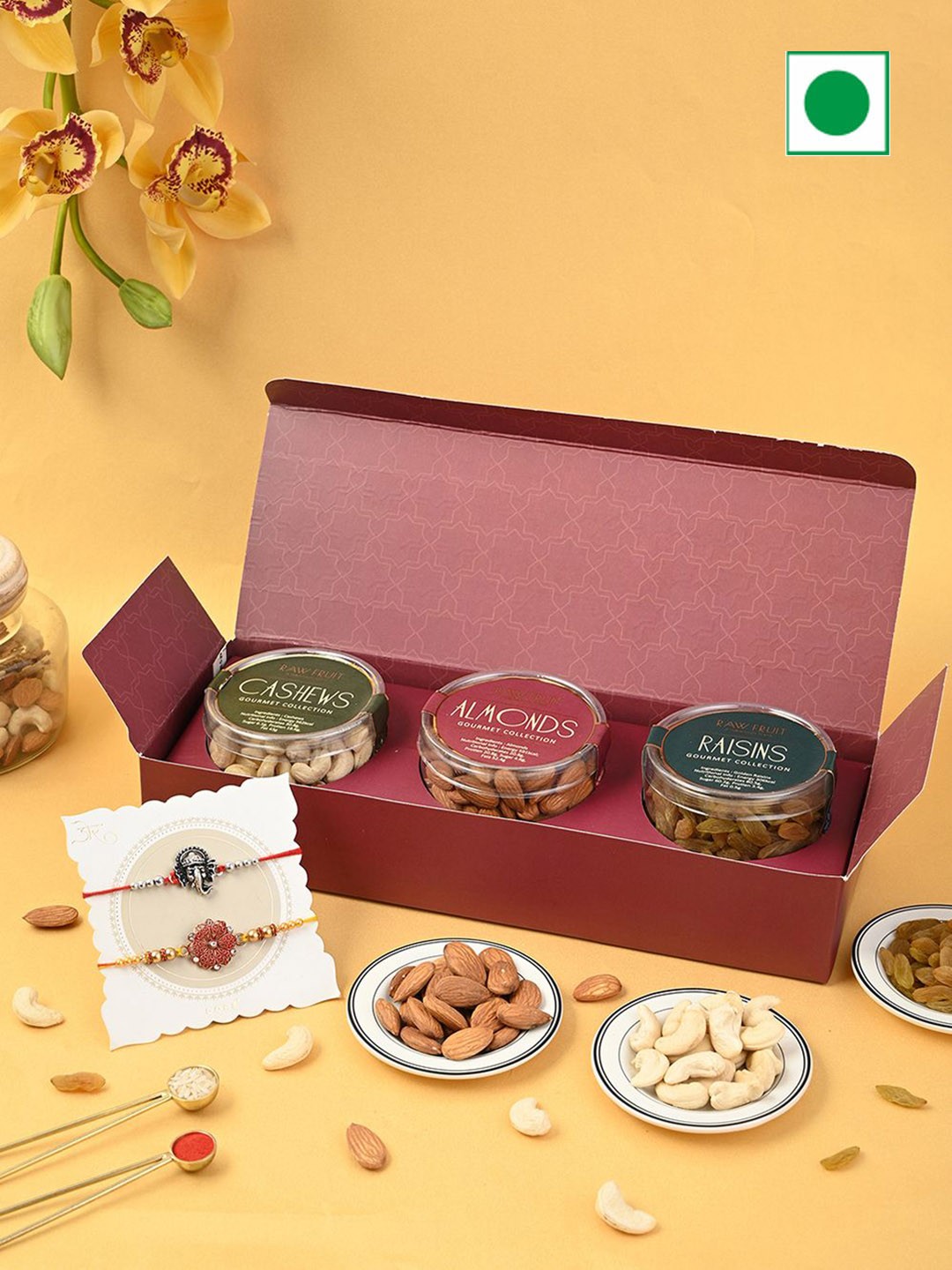 

RawFruit Set of 2 Rakhi & Dry Fruits Gift Box, Maroon