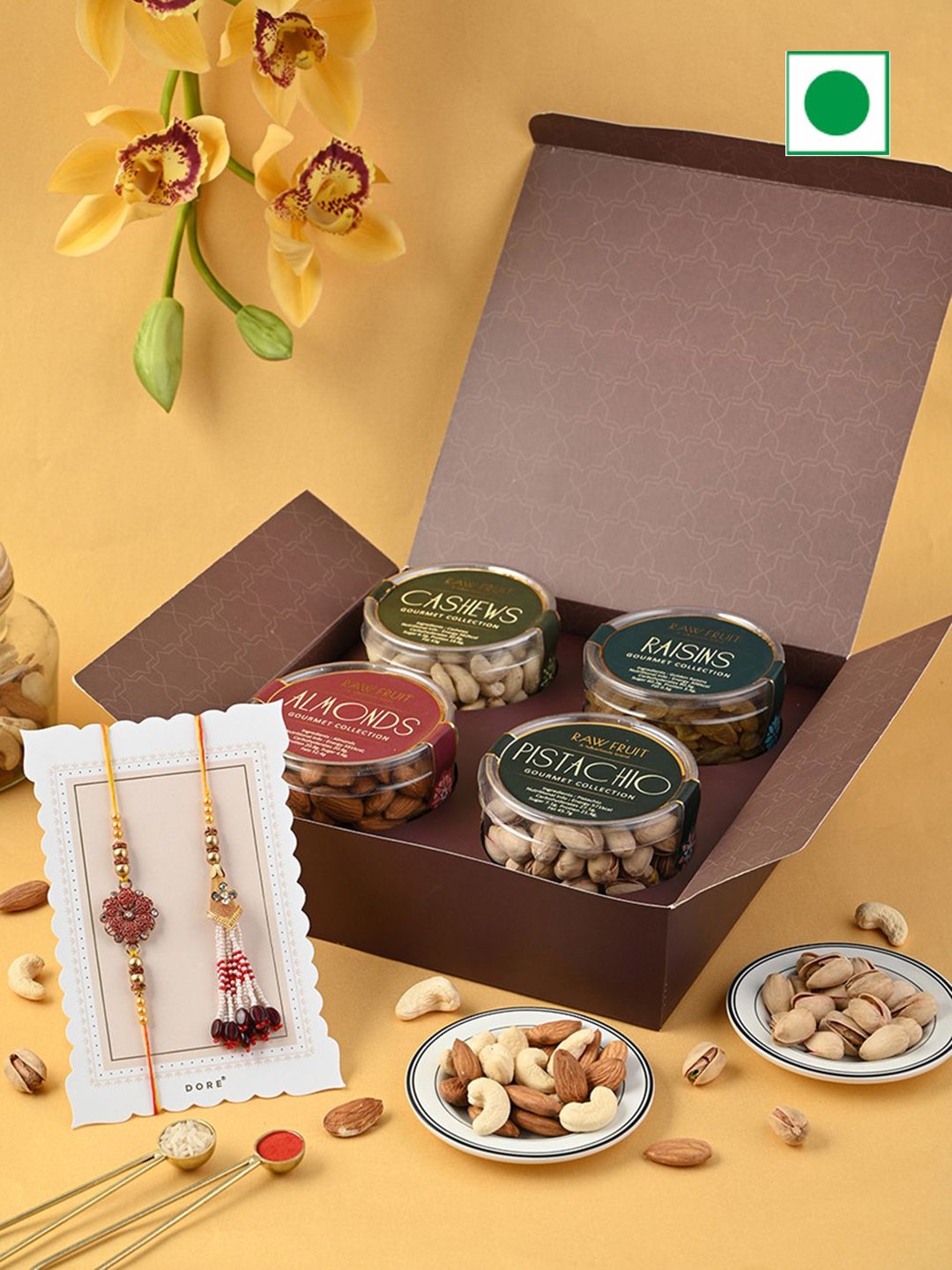 

RawFruit Bhaiya Bhabhi Rakhi & Dry Fruits Rakshabandhan Gift Box, Brown