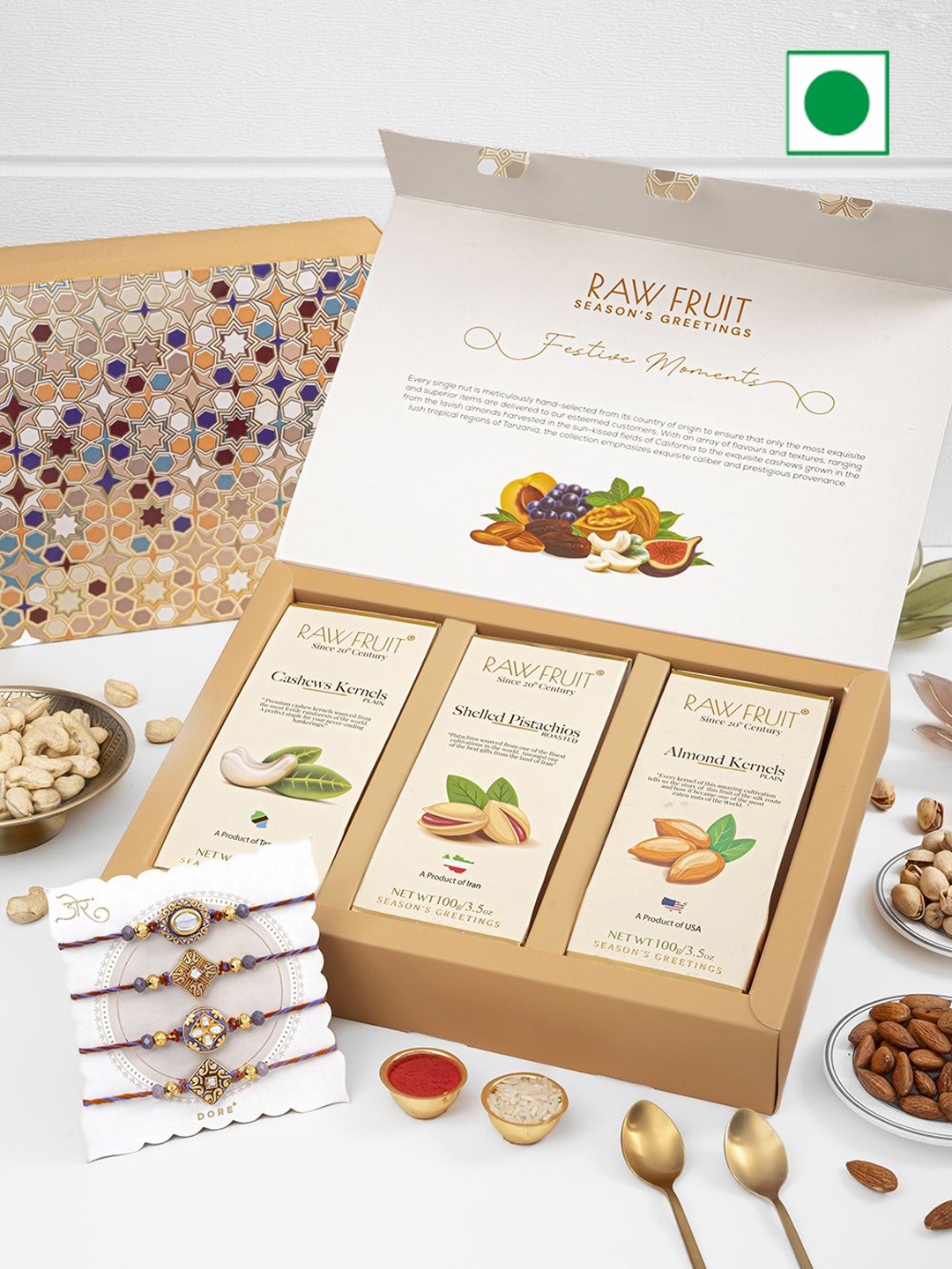 

RawFruit Dry Fruits & 4 Piece Rakhi Set, Brown