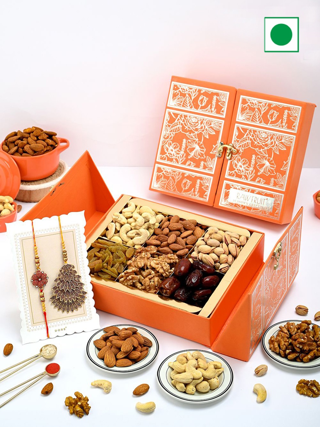 

RawFruit Bhaiya Bhabhi Rakhi & Dry Fruits Rakshabandhan Gift Box, Orange