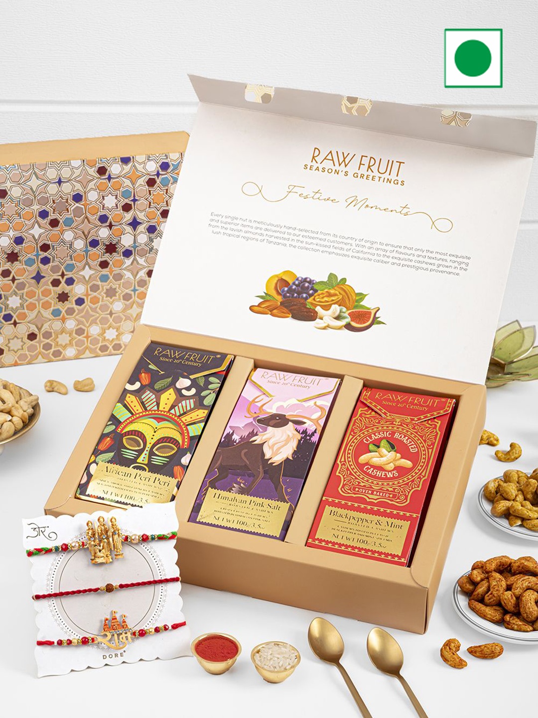 RawFruit Dry Fruits Gift Box & 3 Piece Rakhi Combo, Red