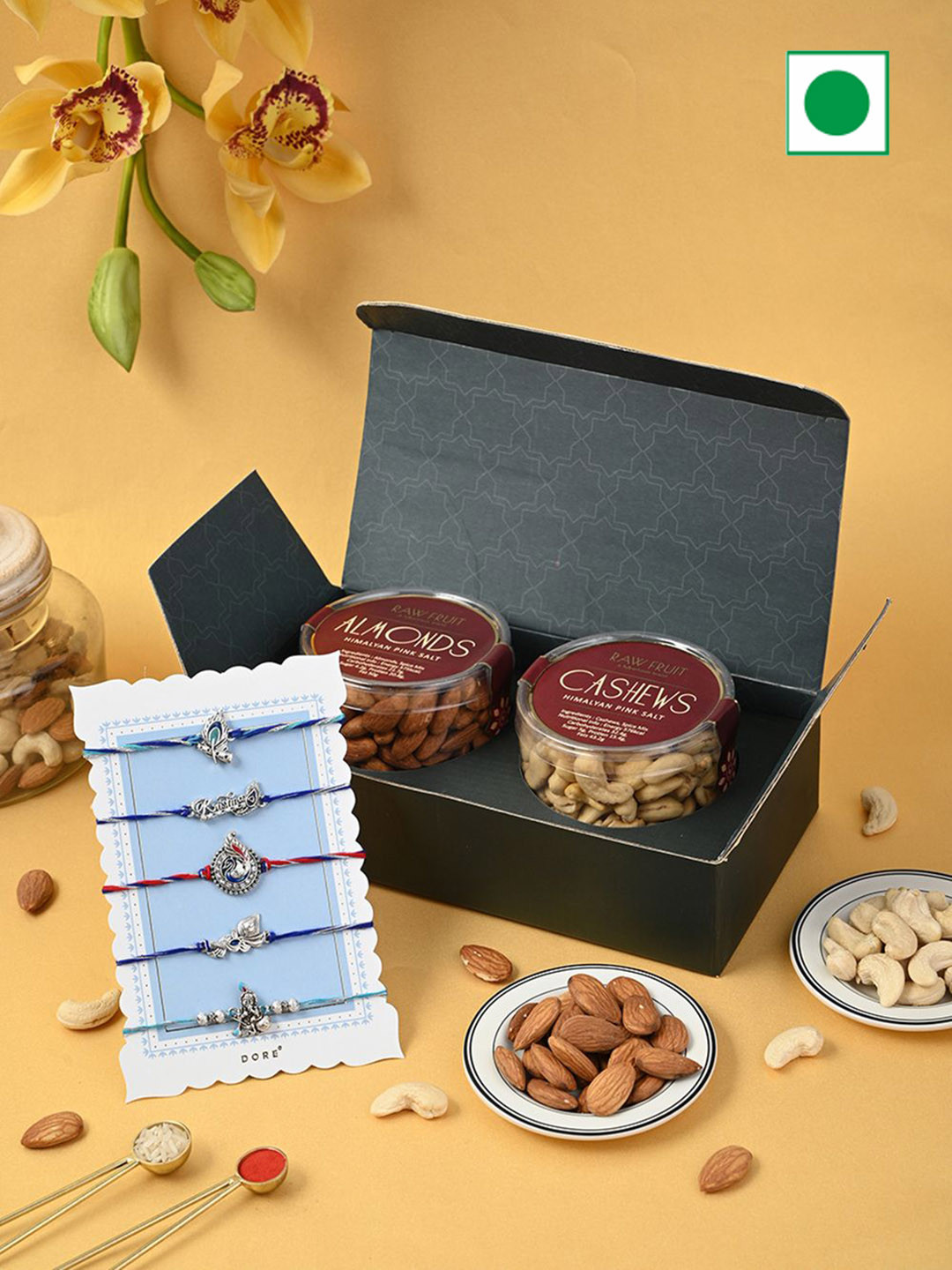 

RawFruit Set of 5 Rakhi & Dry Fruits Hamper, Blue