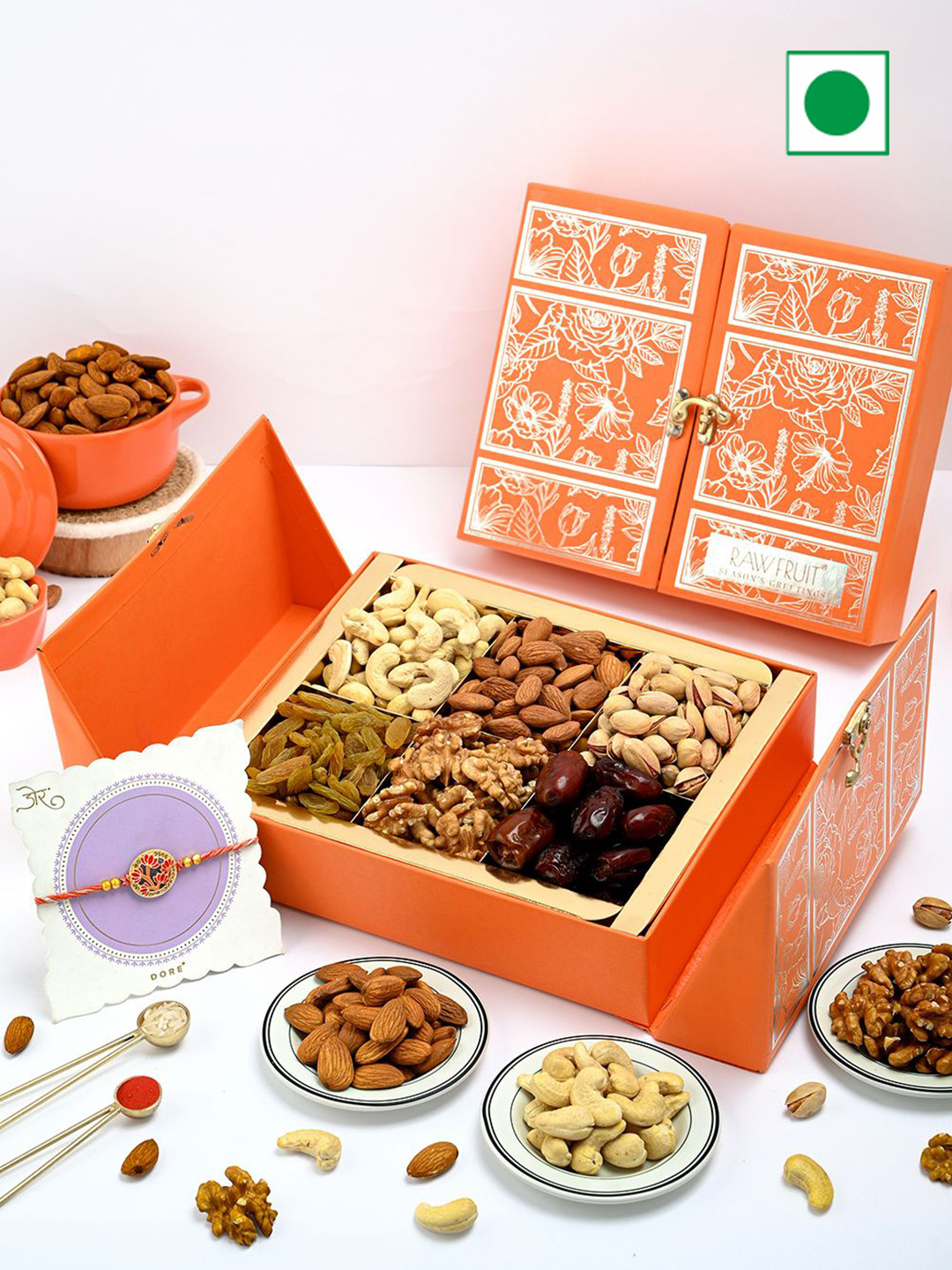 

RawFruit Rakhi & Dry Fruits Rakshabandhan Gift Pack, Orange