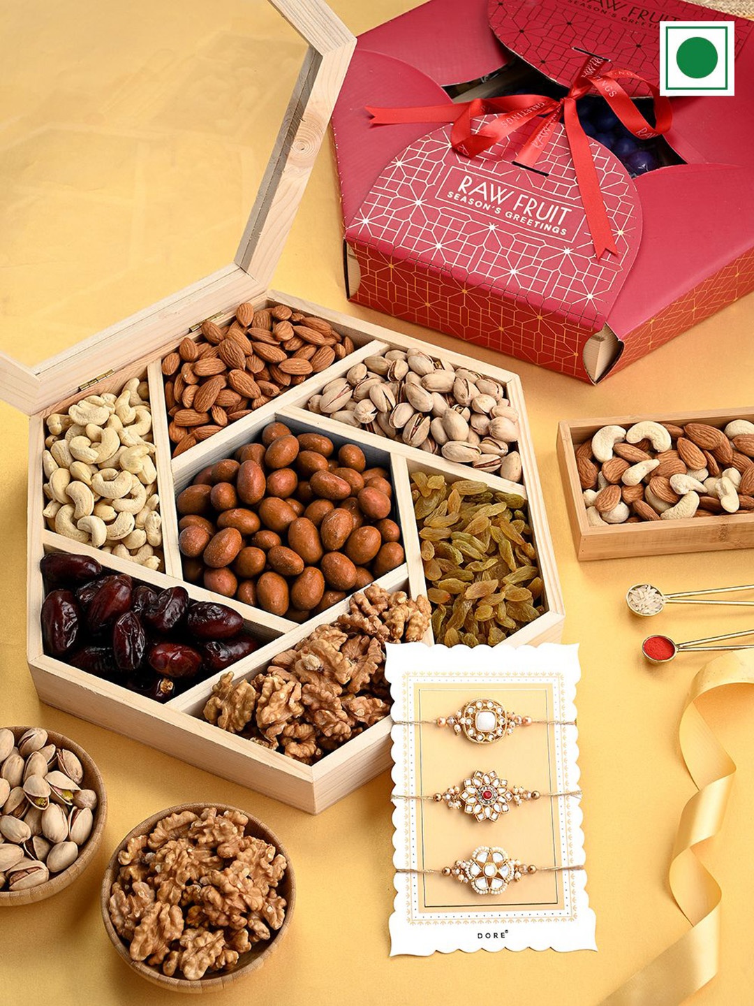 

RawFruit Dry Fruits & 3 Piece Rakhi Wooden Gift Box, Red