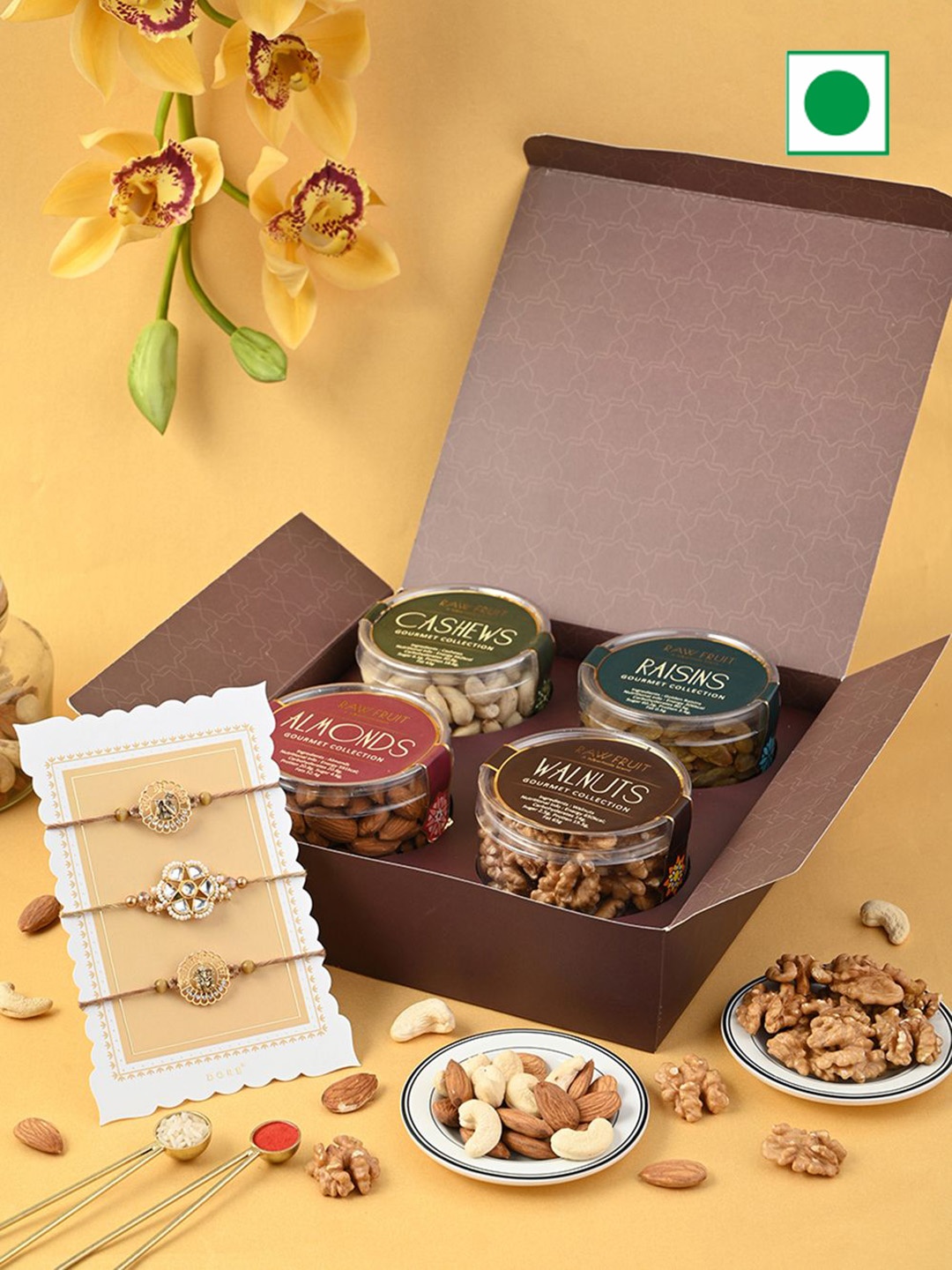 

RawFruit Rakshabandhan Special Set of 3 Rakhi & Dry Fruits Gift Set, Brown