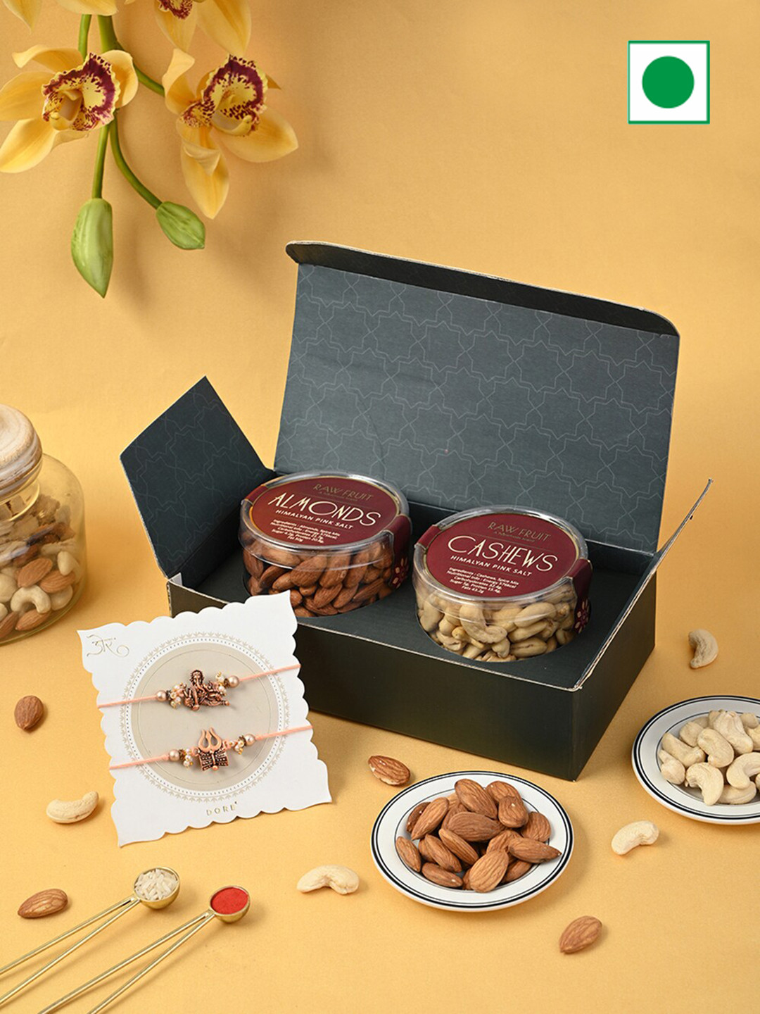 

RawFruit Set of 2 Rakhi & Dry Fruits Hamper, Green