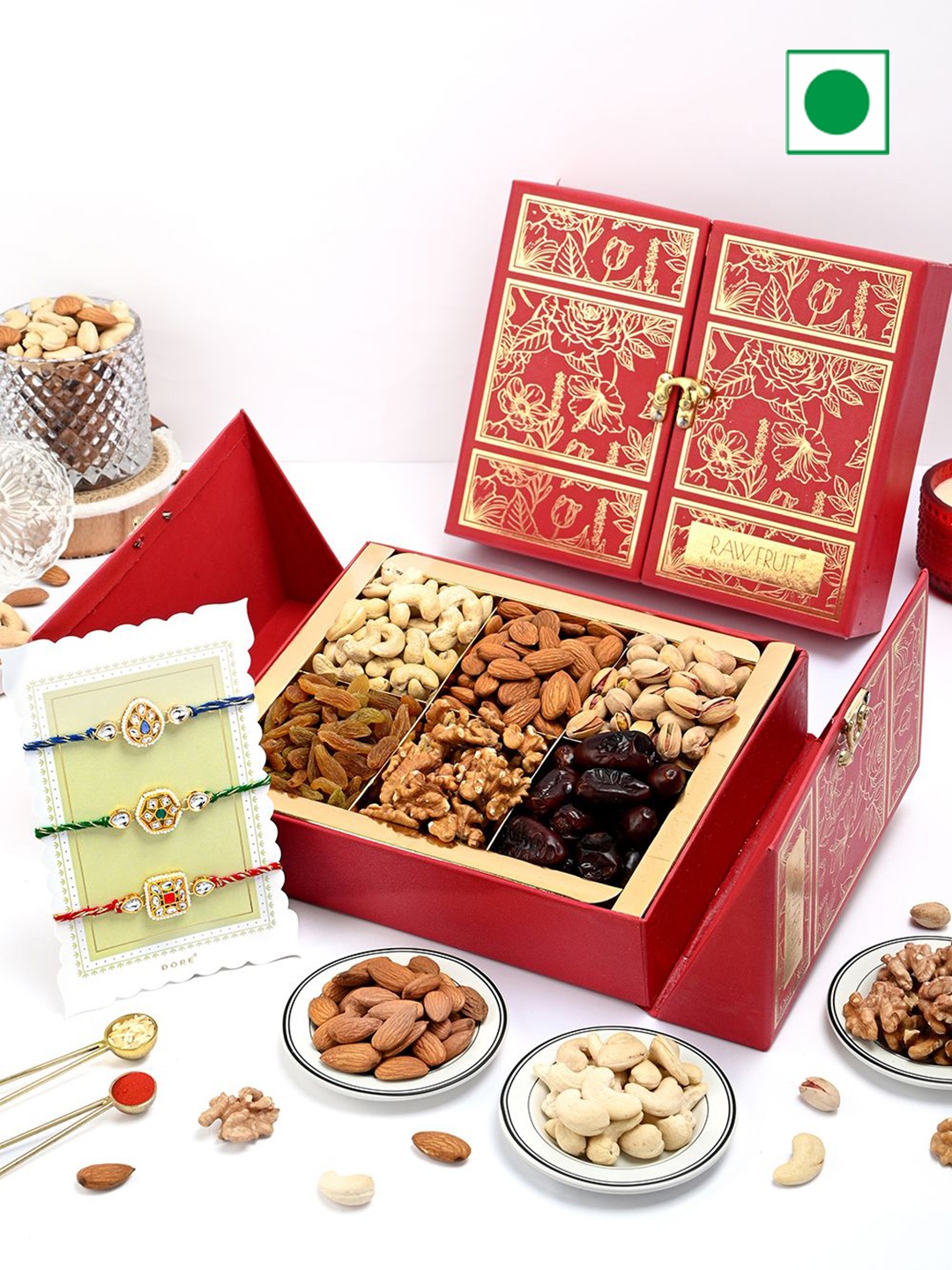 

RawFruit Set of 3 Rakhi & Dry Fruits Combo, Red