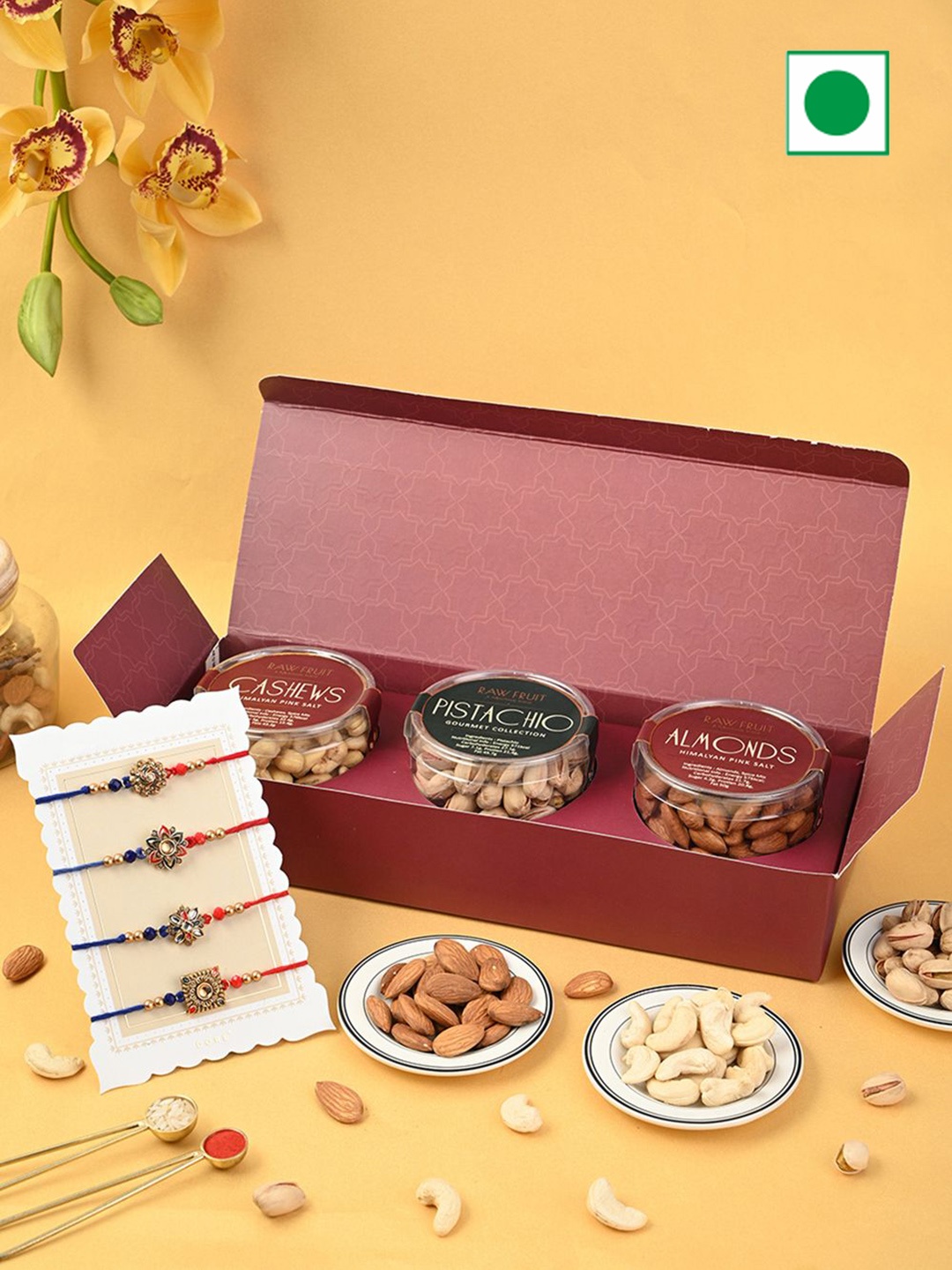 

RawFruit Set of 4 Rakhi & Dry Fruits Festive Box, Maroon
