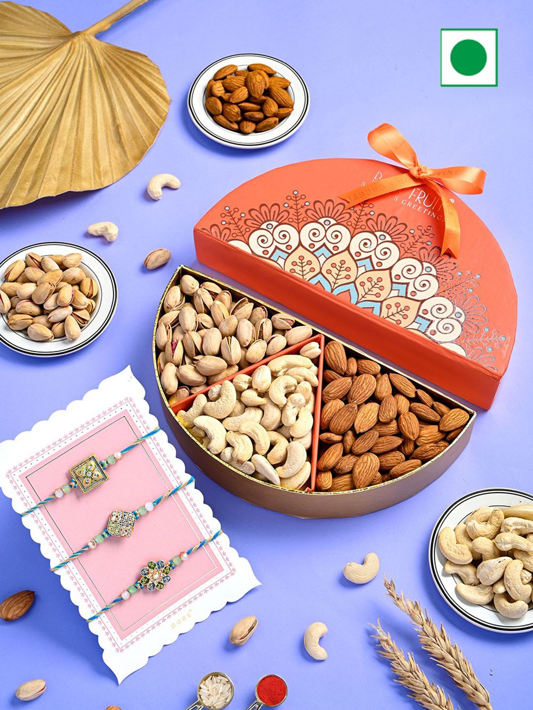 

RawFruit Set Of 3 Rakhi & Dry Fruits Gift Set, Orange