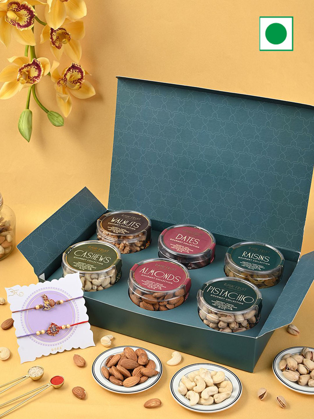 

RawFruit Set of 2 Rakhi & Dry Fruits Gift Set, Green