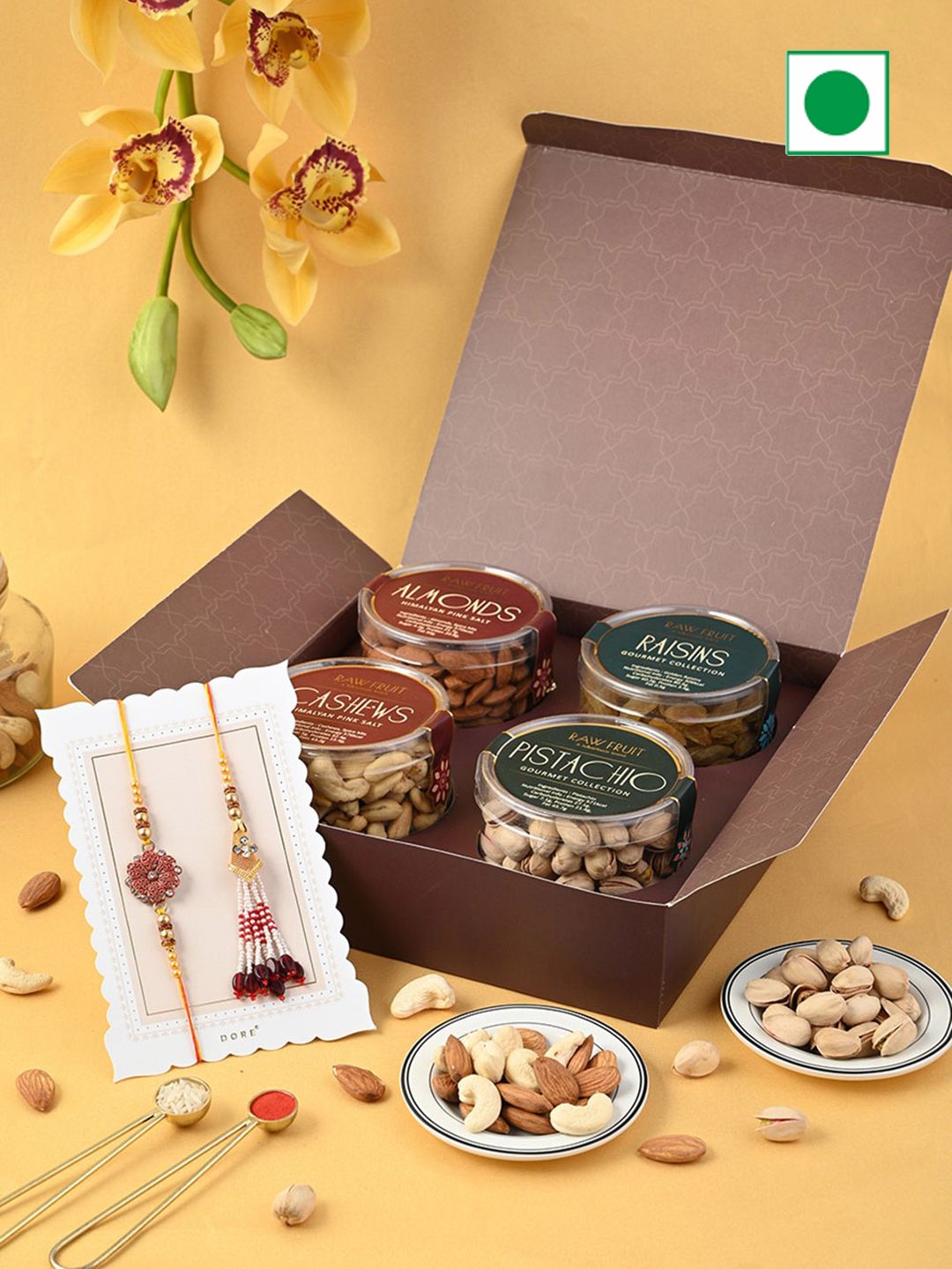 

RawFruit Set Of Bhaiya Bhabhi Rakhi & Dry Fruits Gift Pack, Brown