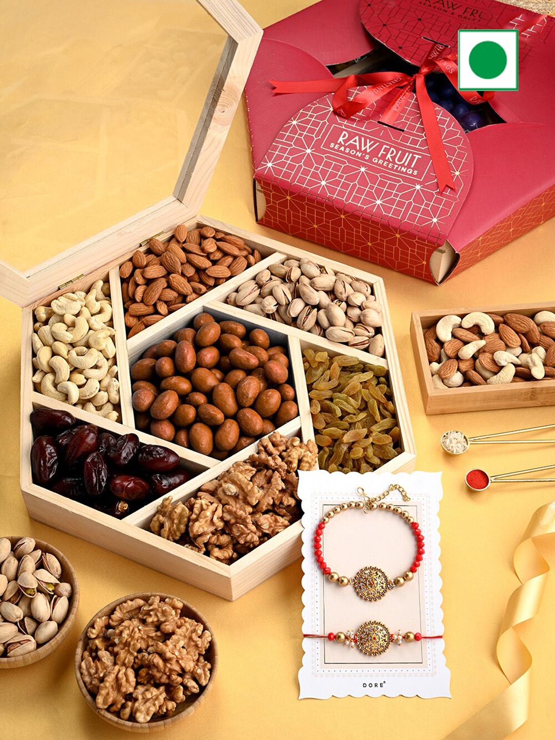 

RawFruit Dry Fruits & Bhaiya Bhabhi Rakhi Wooden Gift Box, Red