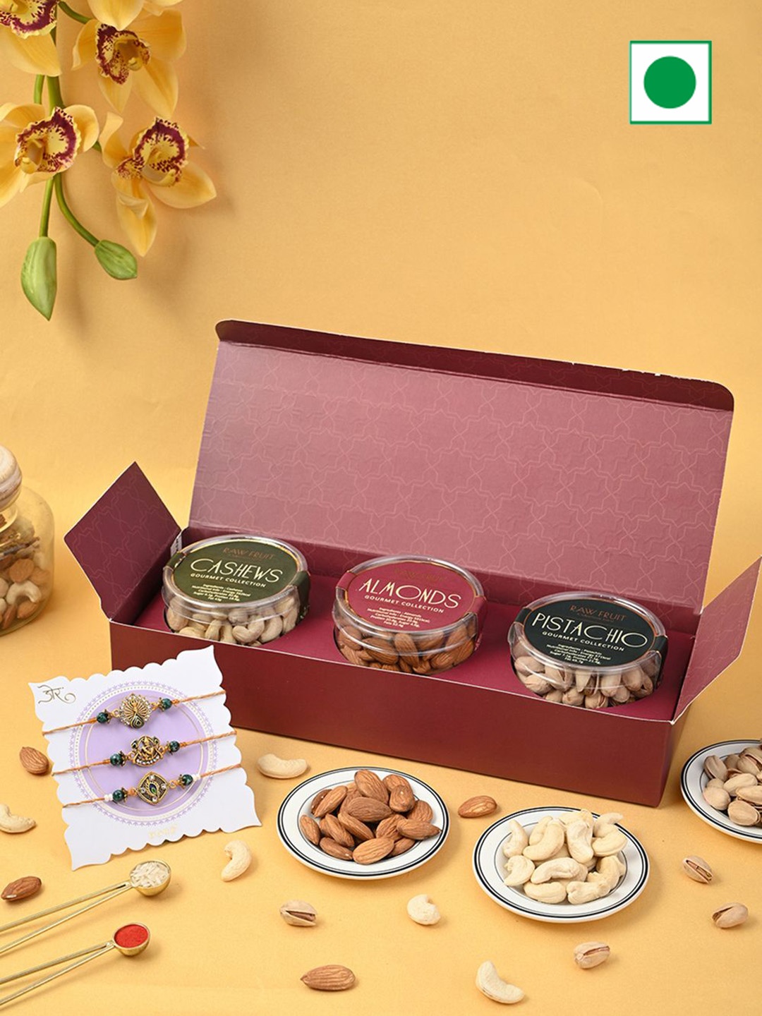 

RawFruit Set of 3 Rakhi & Dry Fruits Gift Box, Maroon
