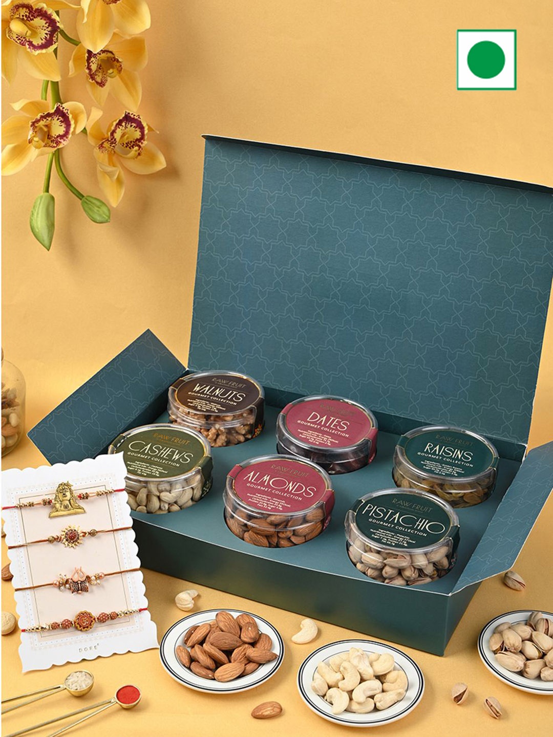 

RawFruit Set of 2 Rakhi & Dry Fruits Gift Set, Green