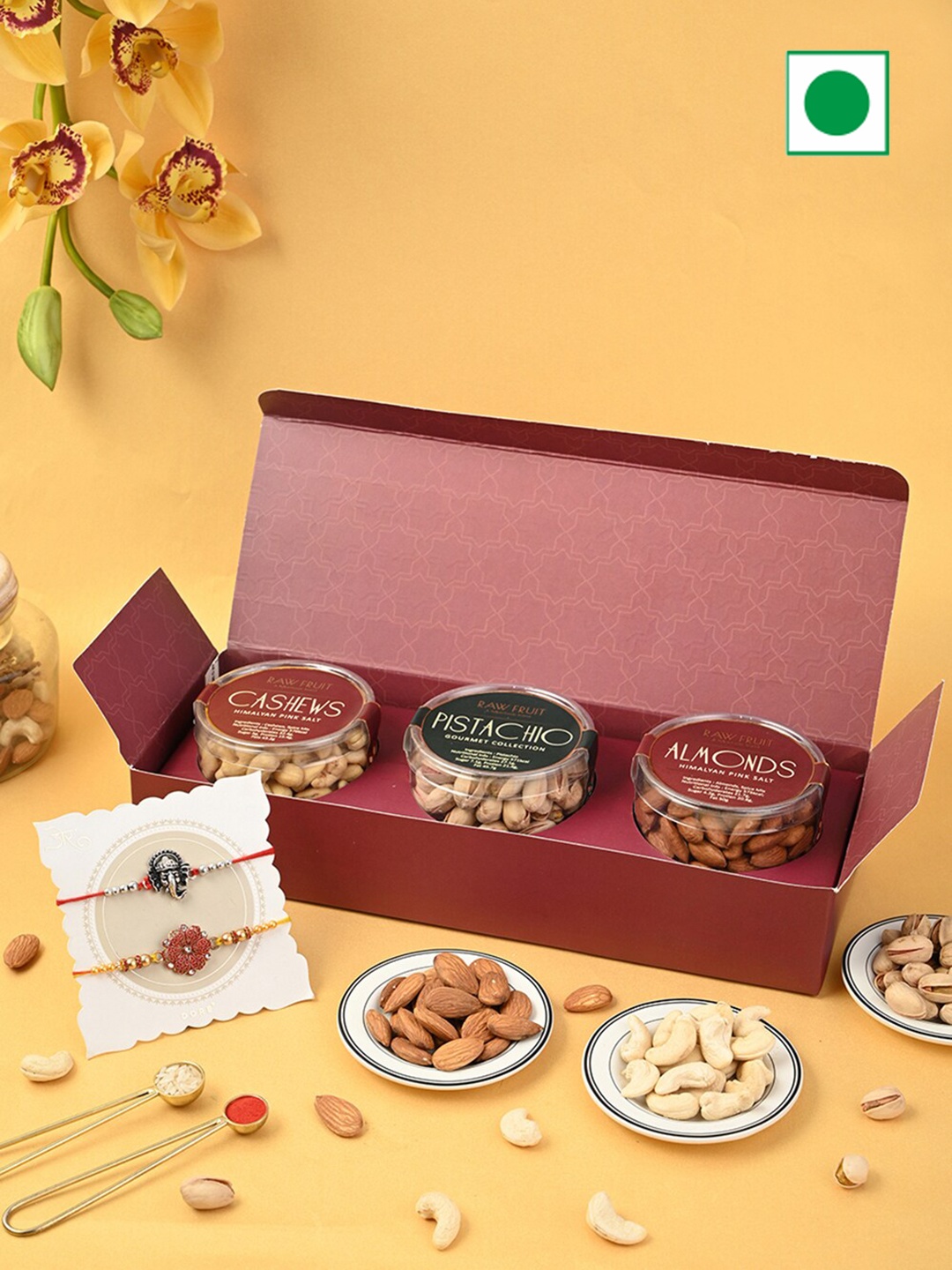 

RawFruit Set of 2 Rakhi & Dry Fruits Festive Box, Maroon