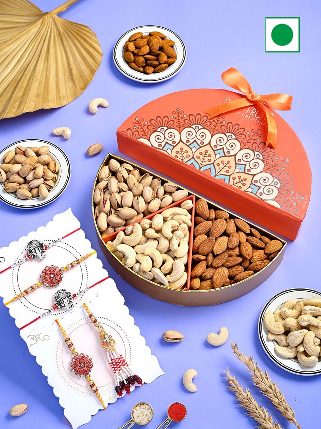 

RawFruit Set Of 5 Rakhi & DryFruits Gift Set, Orange