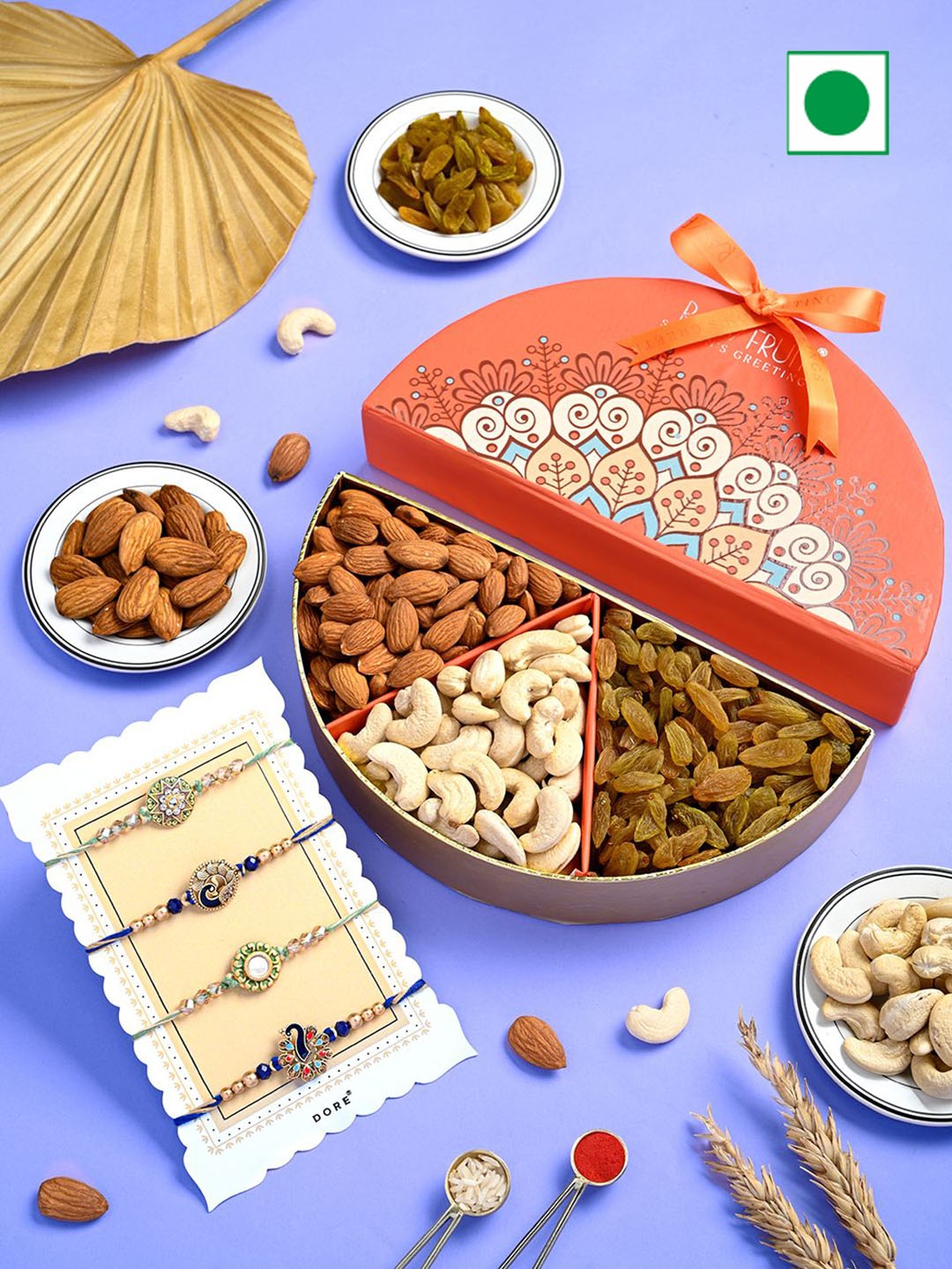 

RawFruit Set of 4 Rakhi & Dry Fruits Gift Set, Orange