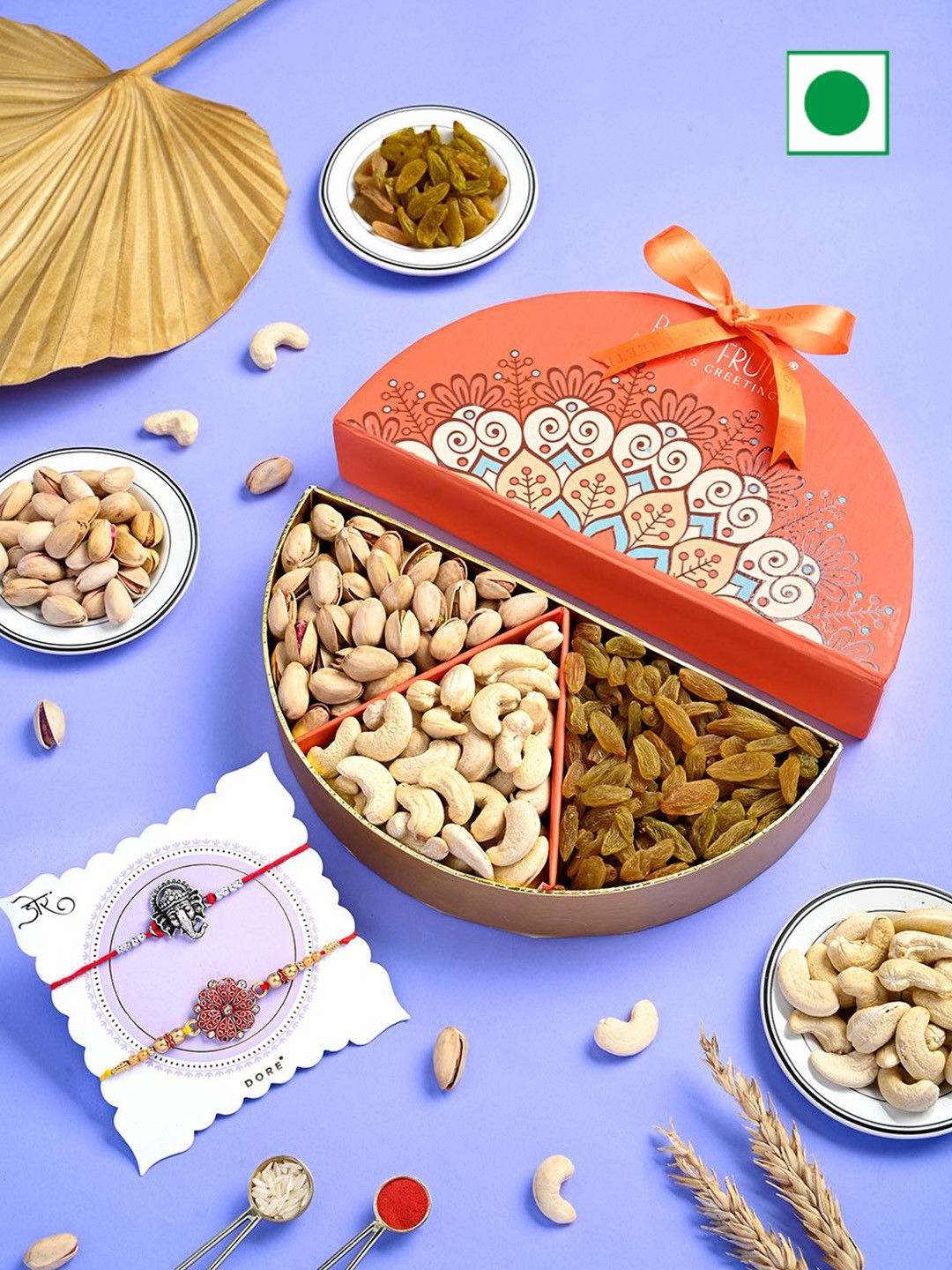

RawFruit Rakshabandhan Special Set of 2 Rakhi & DryFruits Gift Set, Orange
