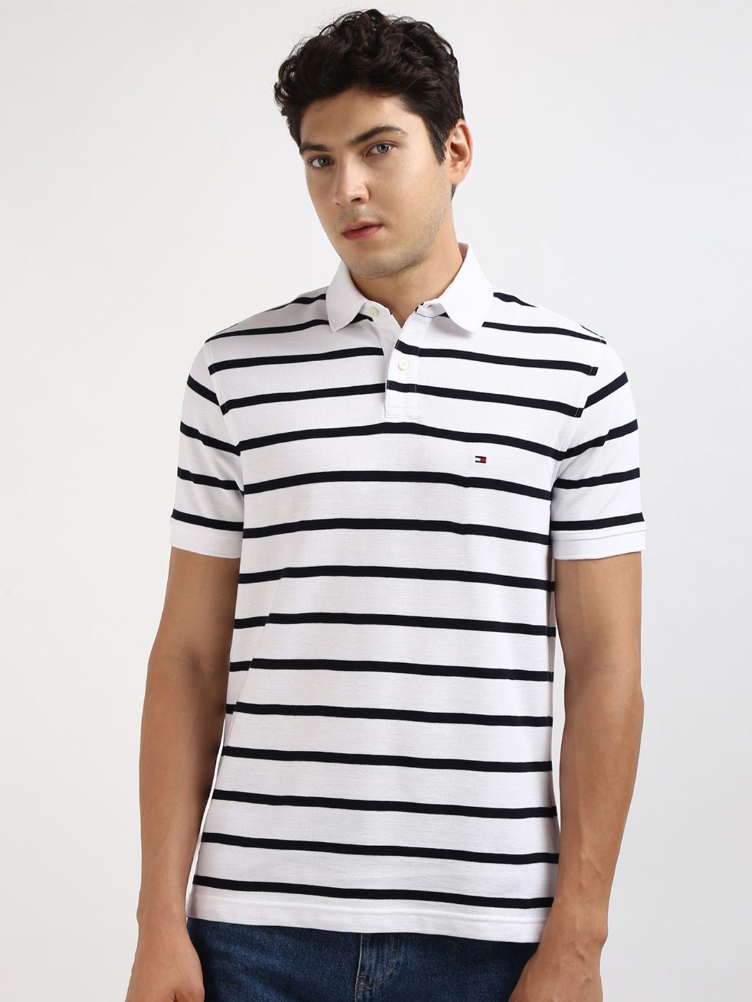 

Tommy Hilfiger Men Monochrome Striped Polo Collar Pure Cotton T-shirt, White