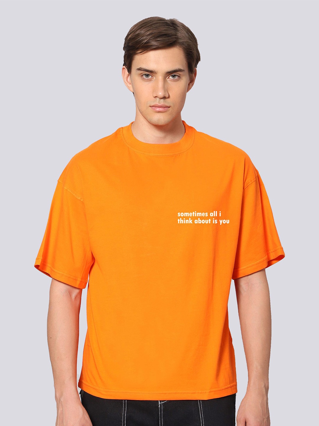 Besick Men Typography Printed Round Neck Oversized T-shirt, Orange