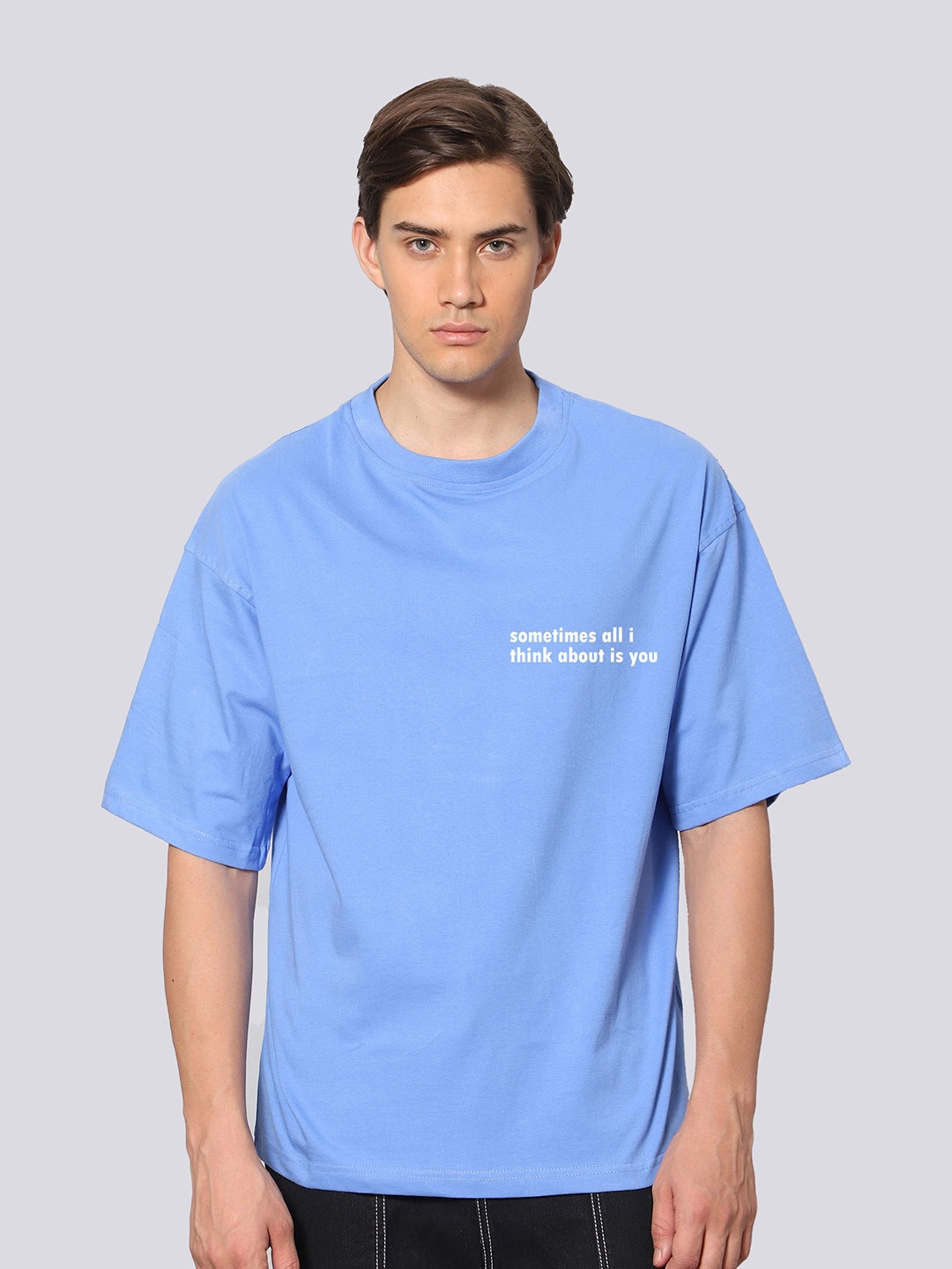 

Besick Men Typography Printed Drop Shoulder Sleeves Oversized T-shirt, Blue