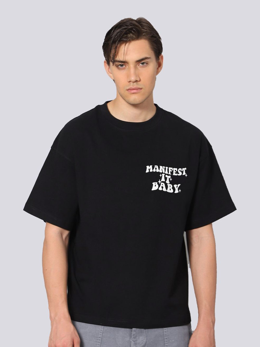 Besick Men Typography Printed Round Neck Oversized T-shirt, Black