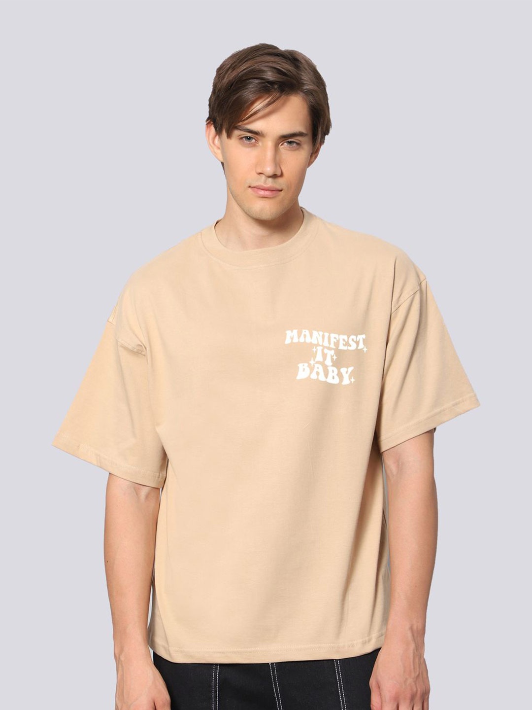 

Besick Men Typography Printed Drop Shoulder Sleeves Oversized T-shirt, Beige
