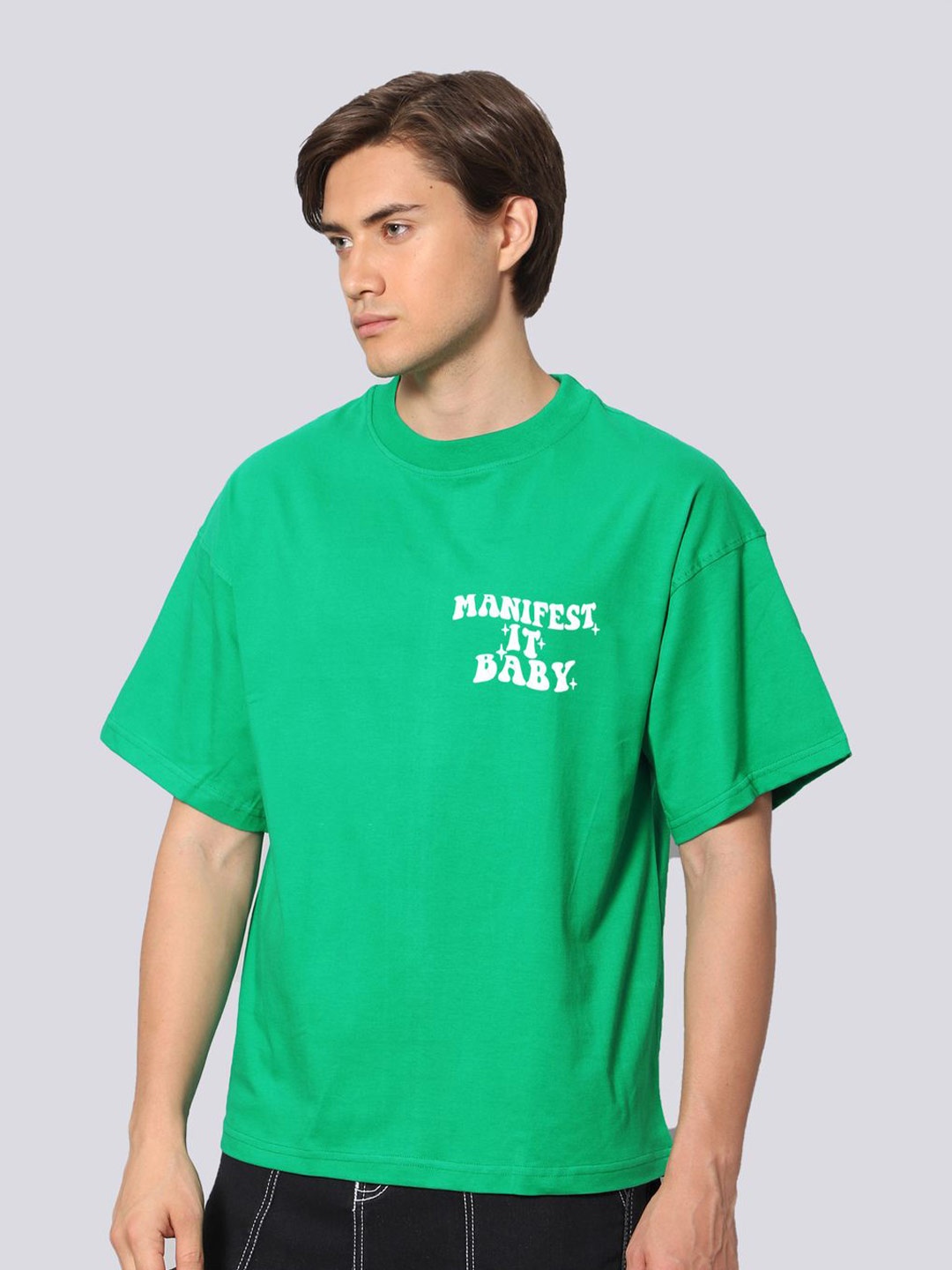 

Besick Men Typography Printed Drop Shoulder Sleeves Oversized T-shirt, Green