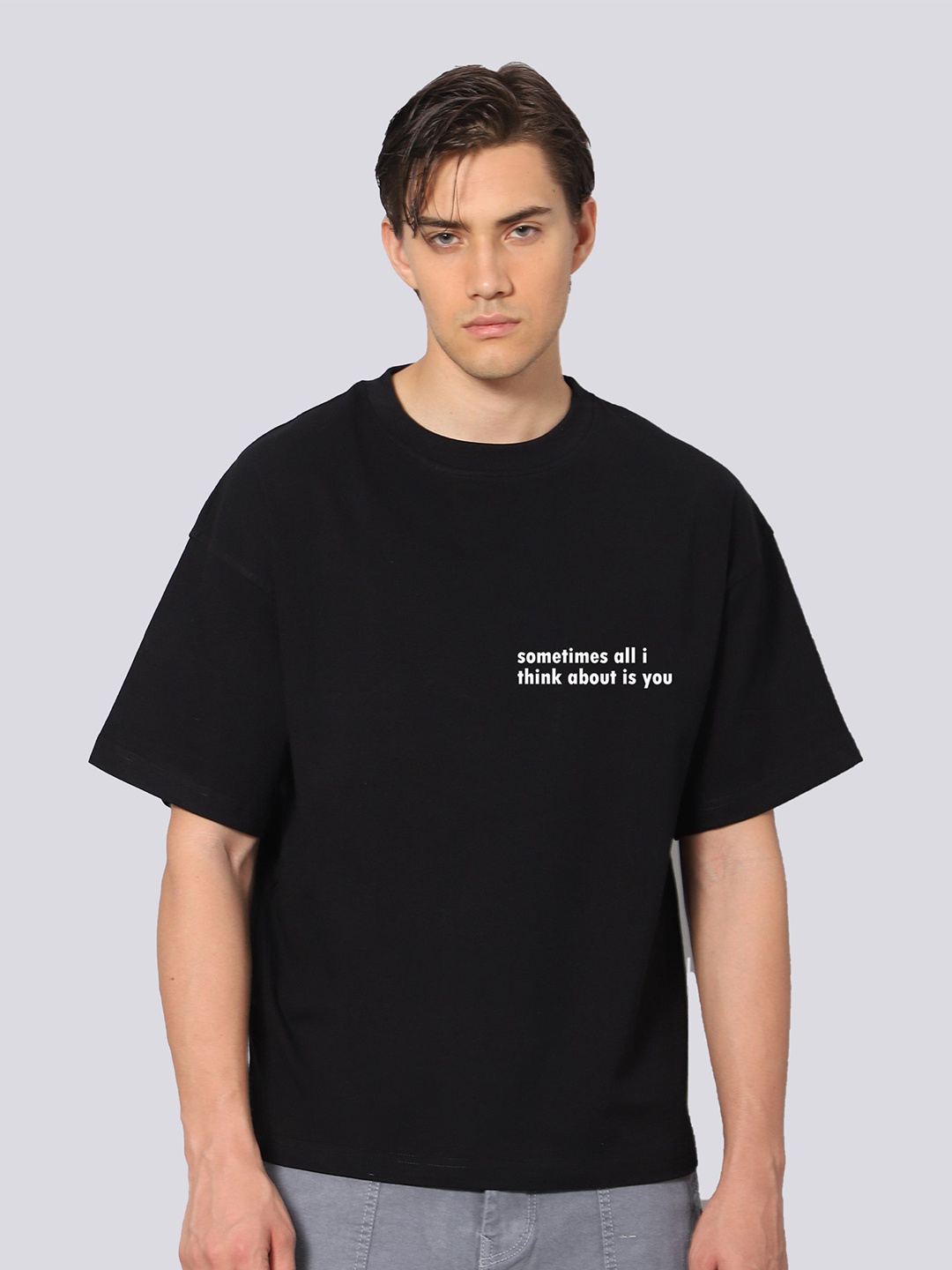 

Besick Men Typography Printed Drop Shoulder Sleeves Oversized T-shirt, Black